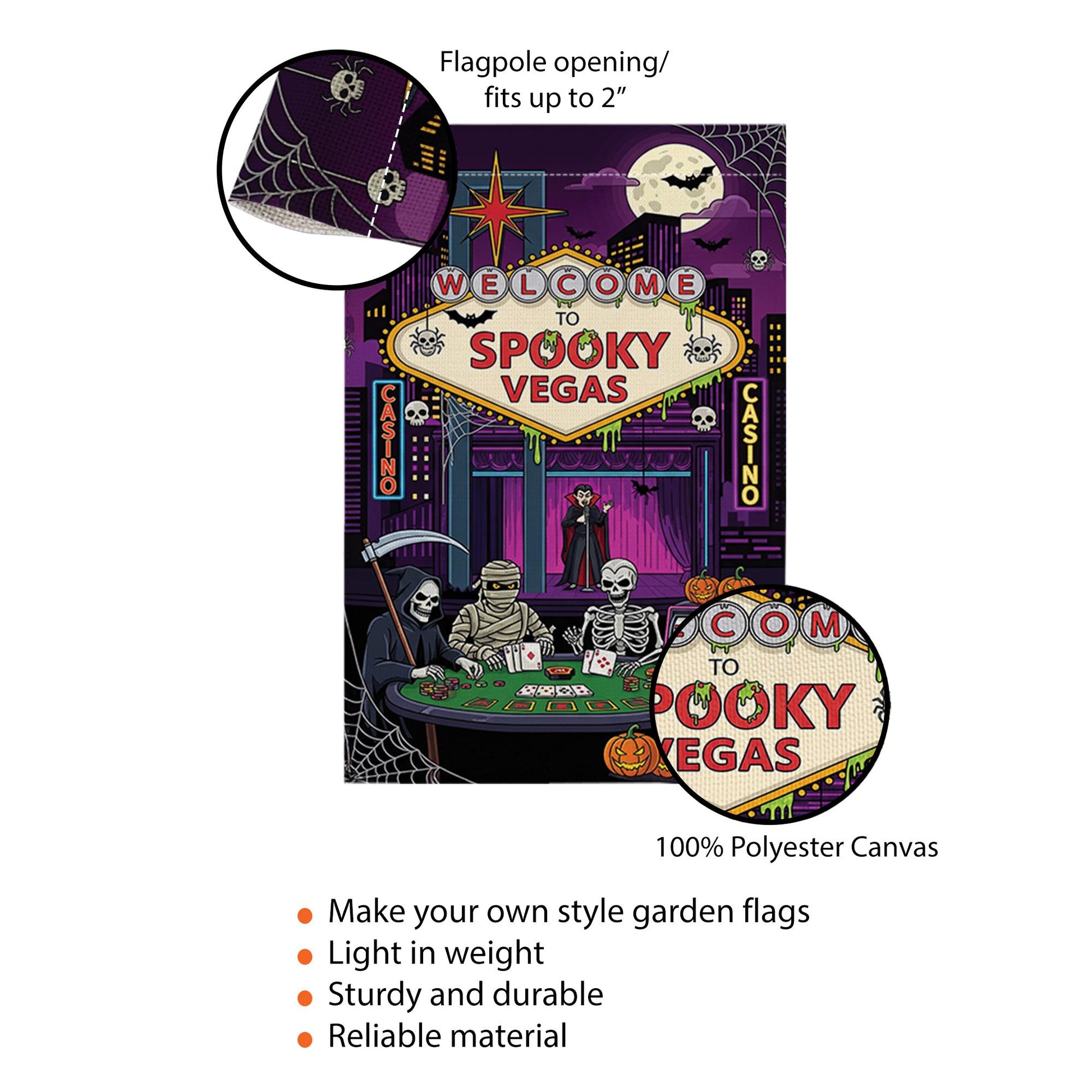 Spooky Vegas Halloween Garden Flag | Casino Horror Yard Decor | Grim Reaper Vampire Skeleton Mummy Banner