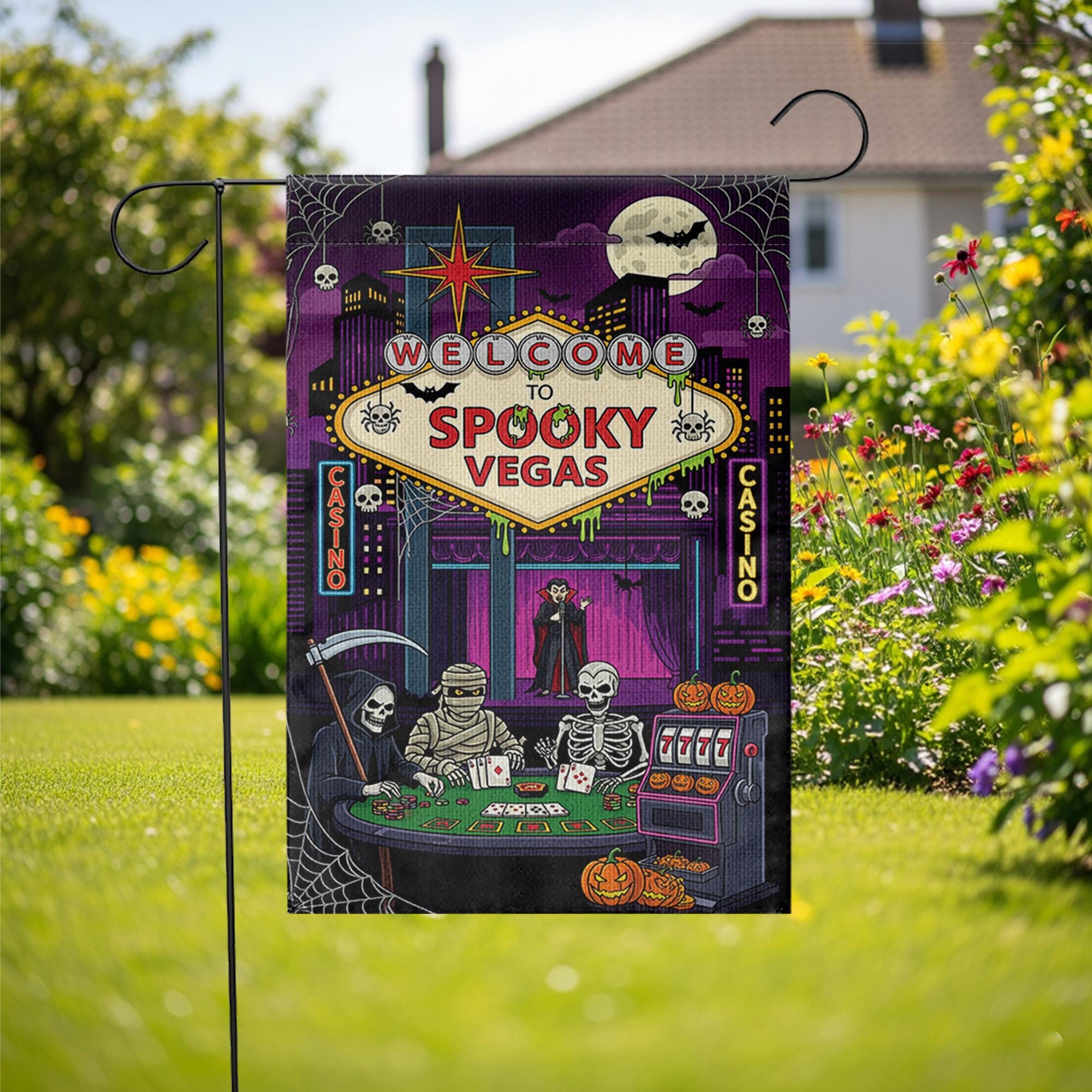 Spooky Vegas Halloween Garden Flag | Casino Horror Yard Decor | Grim Reaper Vampire Skeleton Mummy Banner