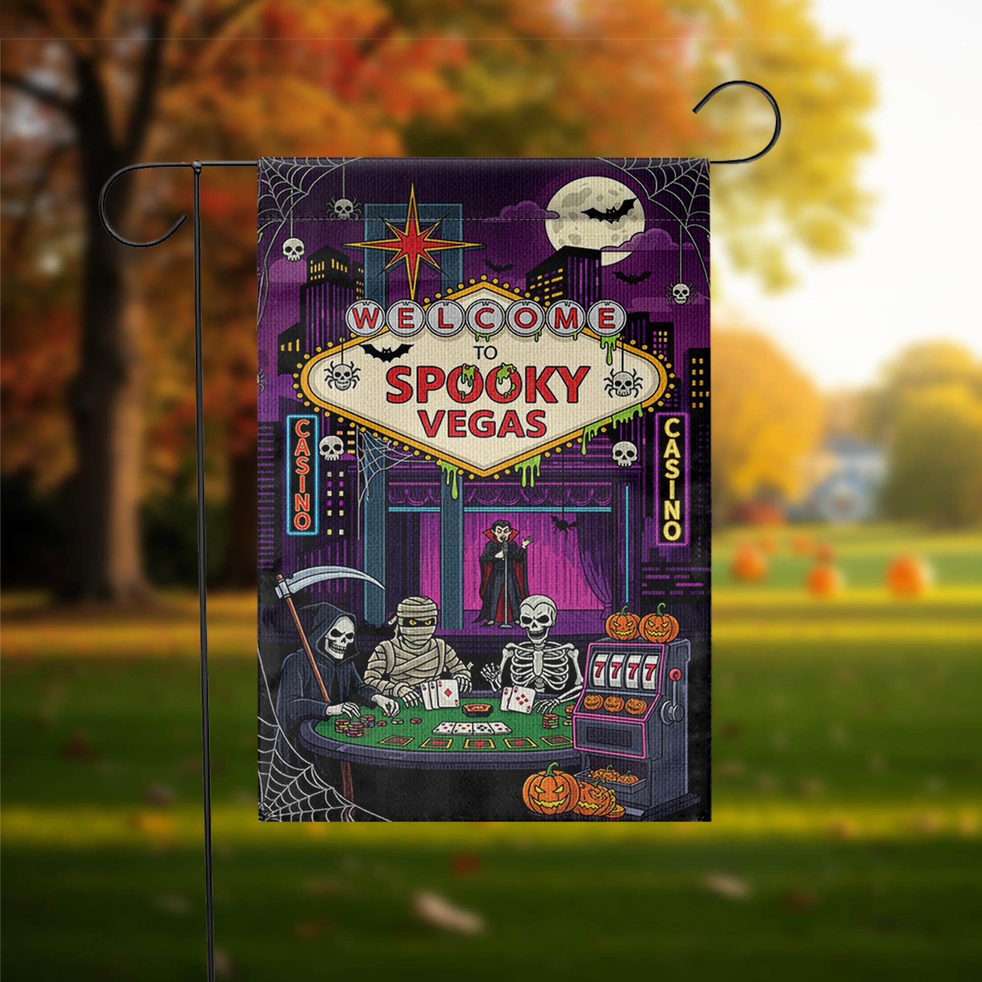 Spooky Vegas Halloween Garden Flag | Casino Horror Yard Decor | Grim Reaper Vampire Skeleton Mummy Banner