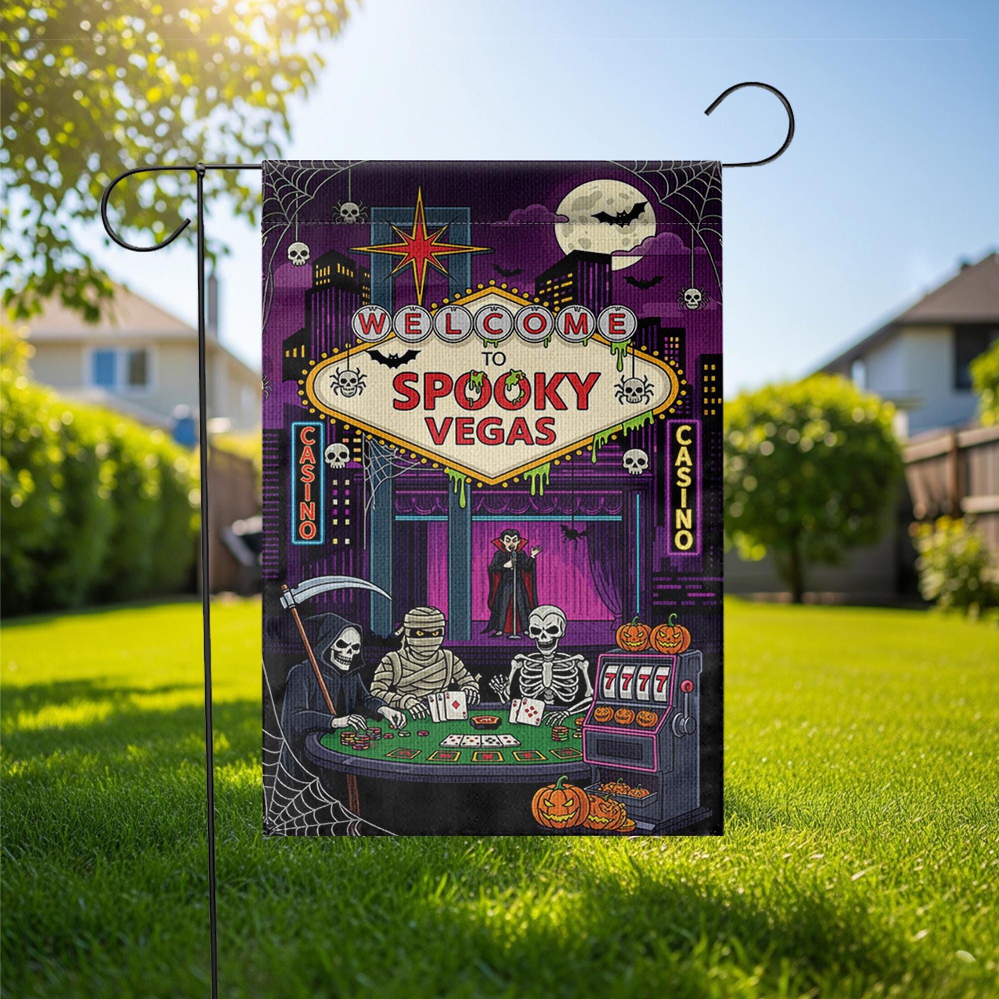 Spooky Vegas Halloween Garden Flag | Casino Horror Yard Decor | Grim Reaper Vampire Skeleton Mummy Banner