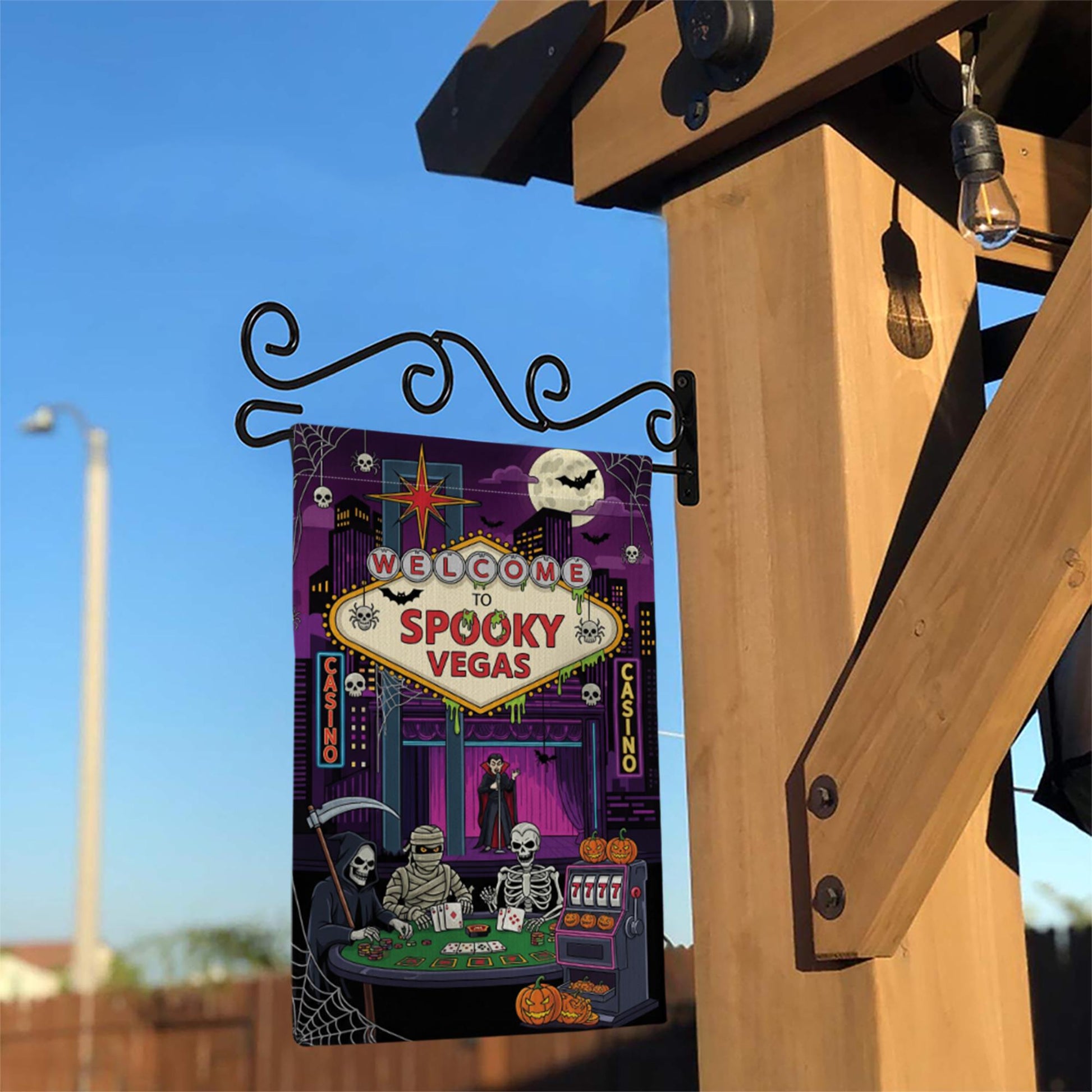 Spooky Vegas Halloween Garden Flag | Casino Horror Yard Decor | Grim Reaper Vampire Skeleton Mummy Banner