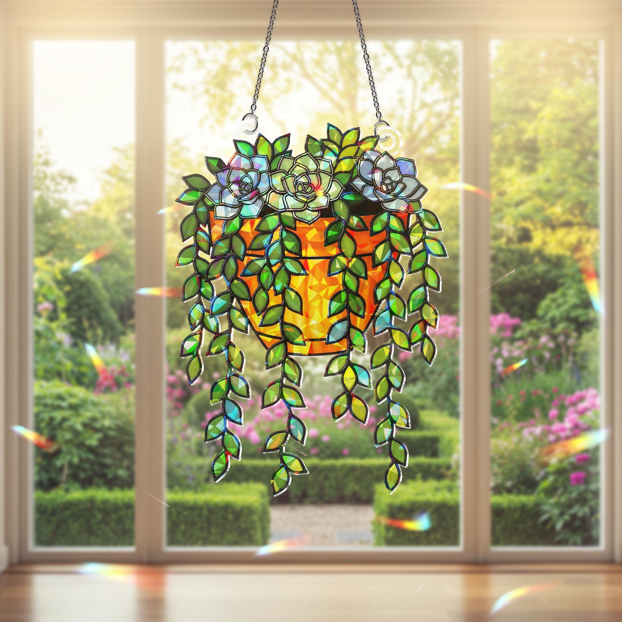 Trailing Succulent Suncatcher, Holographic Plant Window Decor, Hanging Acrylic Sun Catcher, Boho Garden Gift, Indoor Charm