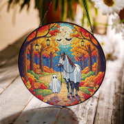 Halloween Horse Ghost Suncatcher | Fall Pumpkin Autumn Hanging Window Decor | Trick or Treat Stained Glass Art