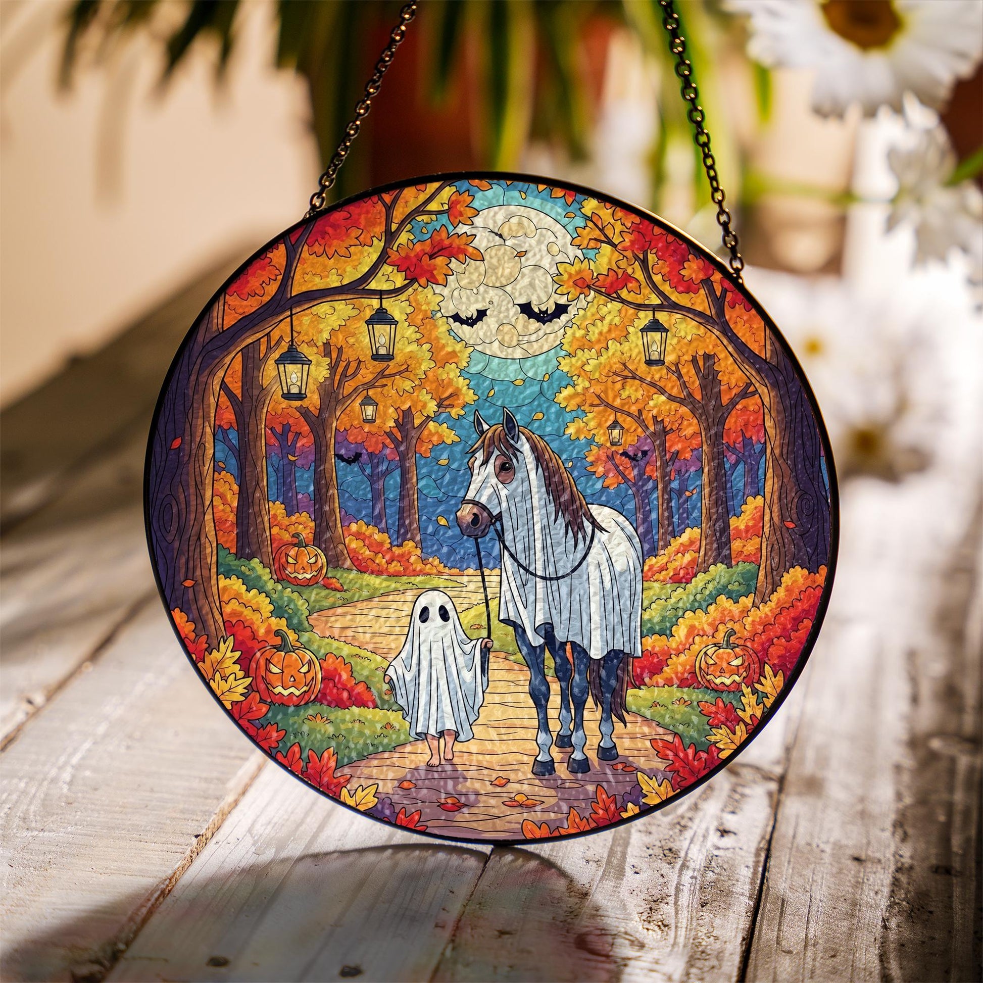 Halloween Horse Ghost Suncatcher | Fall Pumpkin Autumn Hanging Window Decor | Trick or Treat Stained Glass Art