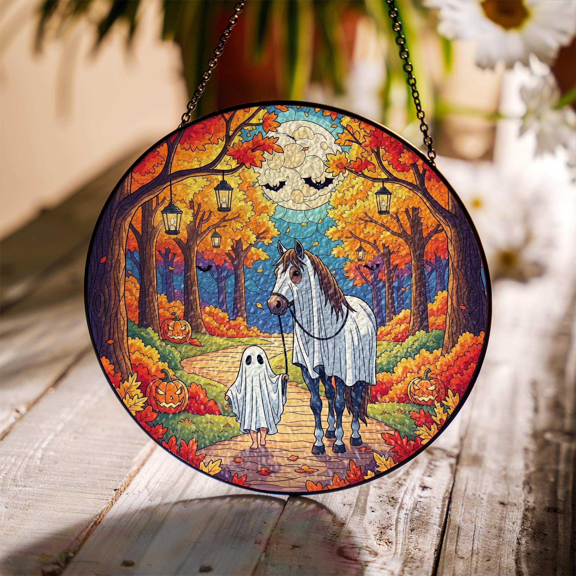 Halloween Horse Ghost Suncatcher | Fall Pumpkin Autumn Hanging Window Decor | Trick or Treat Stained Glass Art