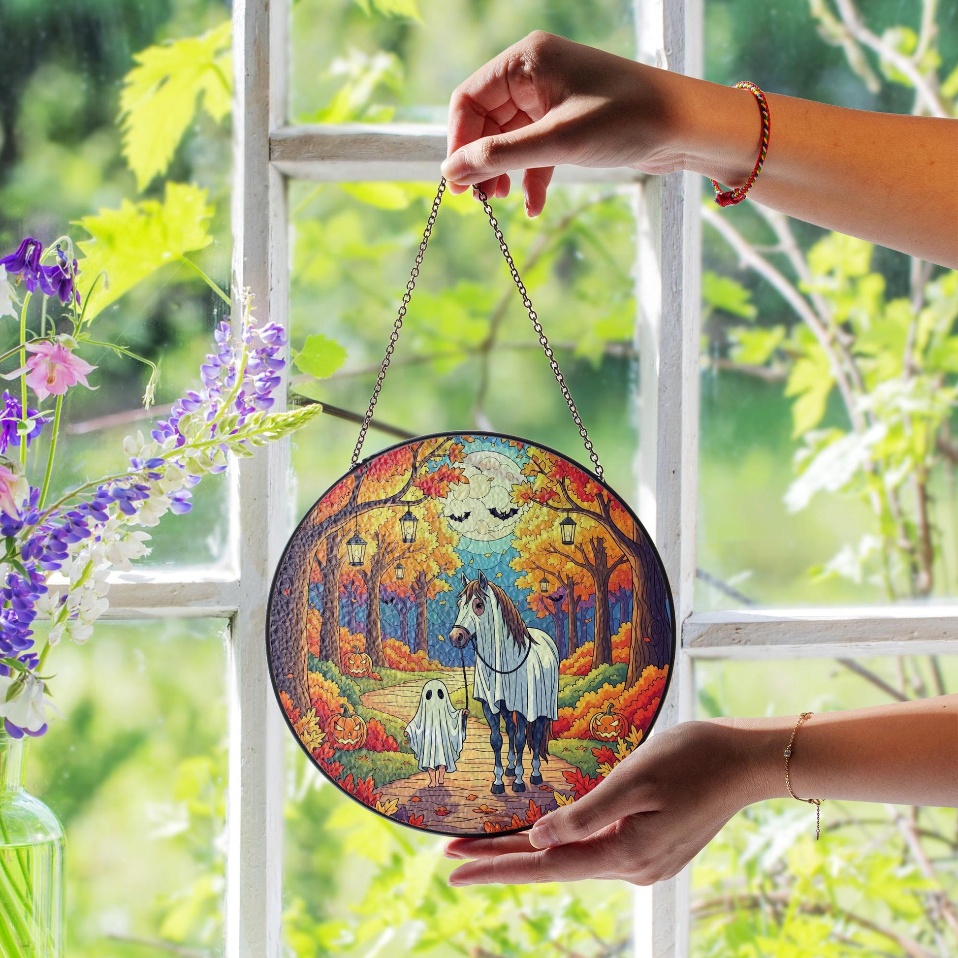 Halloween Horse Ghost Suncatcher | Fall Pumpkin Autumn Hanging Window Decor | Trick or Treat Stained Glass Art