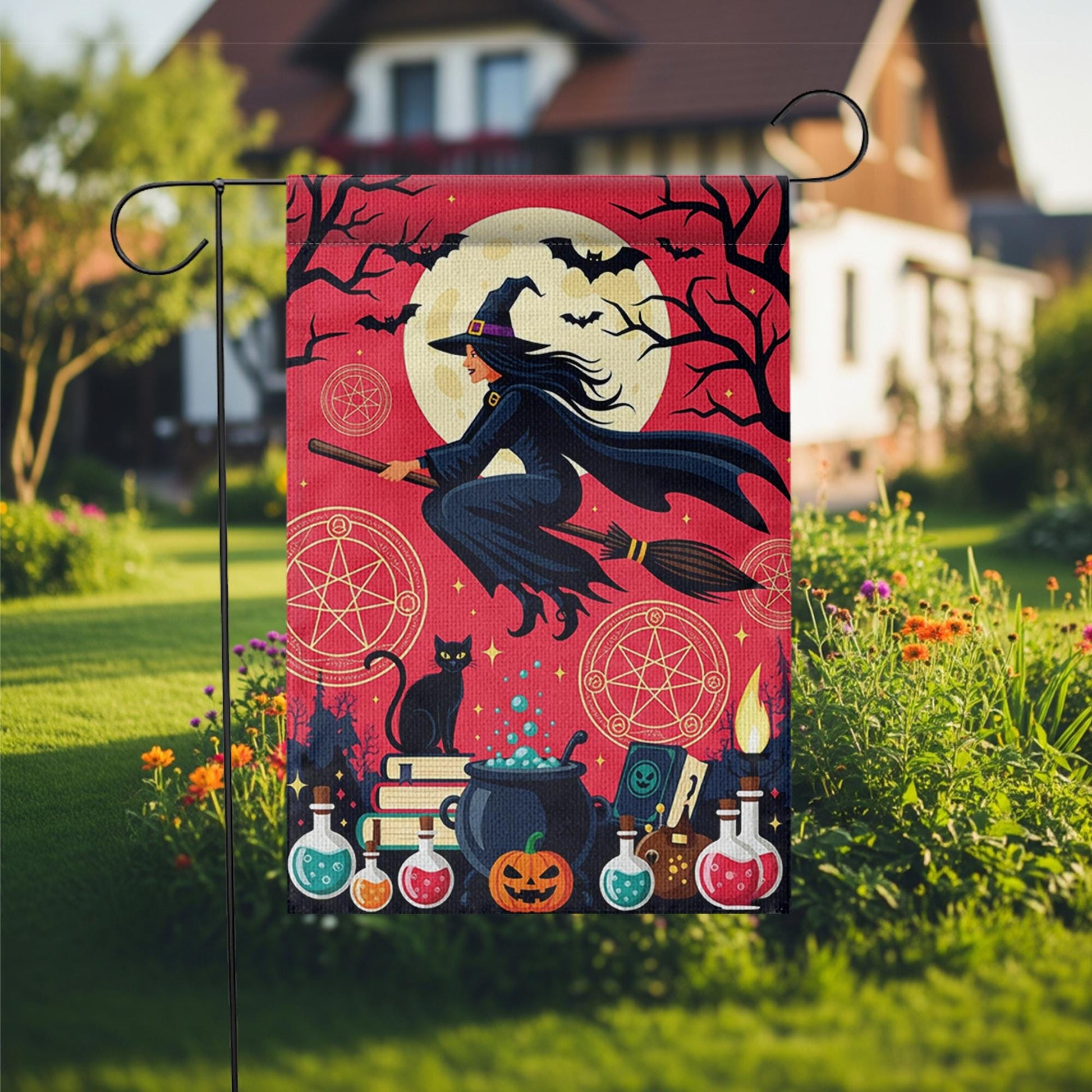 Halloween Witch Garden Flag | Flying Witch Black Cat Potion Fall Yard Decor | Spooky Outdoor Banner