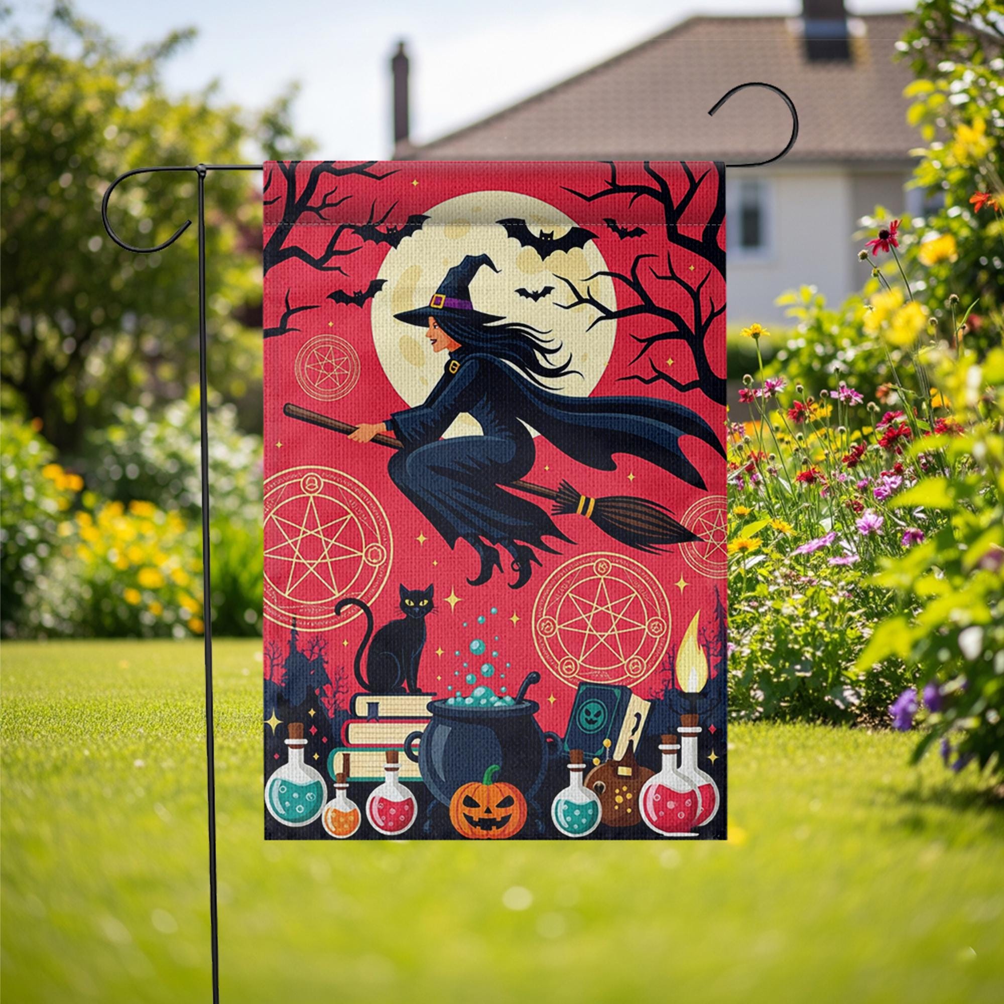 Halloween Witch Garden Flag | Flying Witch Black Cat Potion Fall Yard Decor | Spooky Outdoor Banner