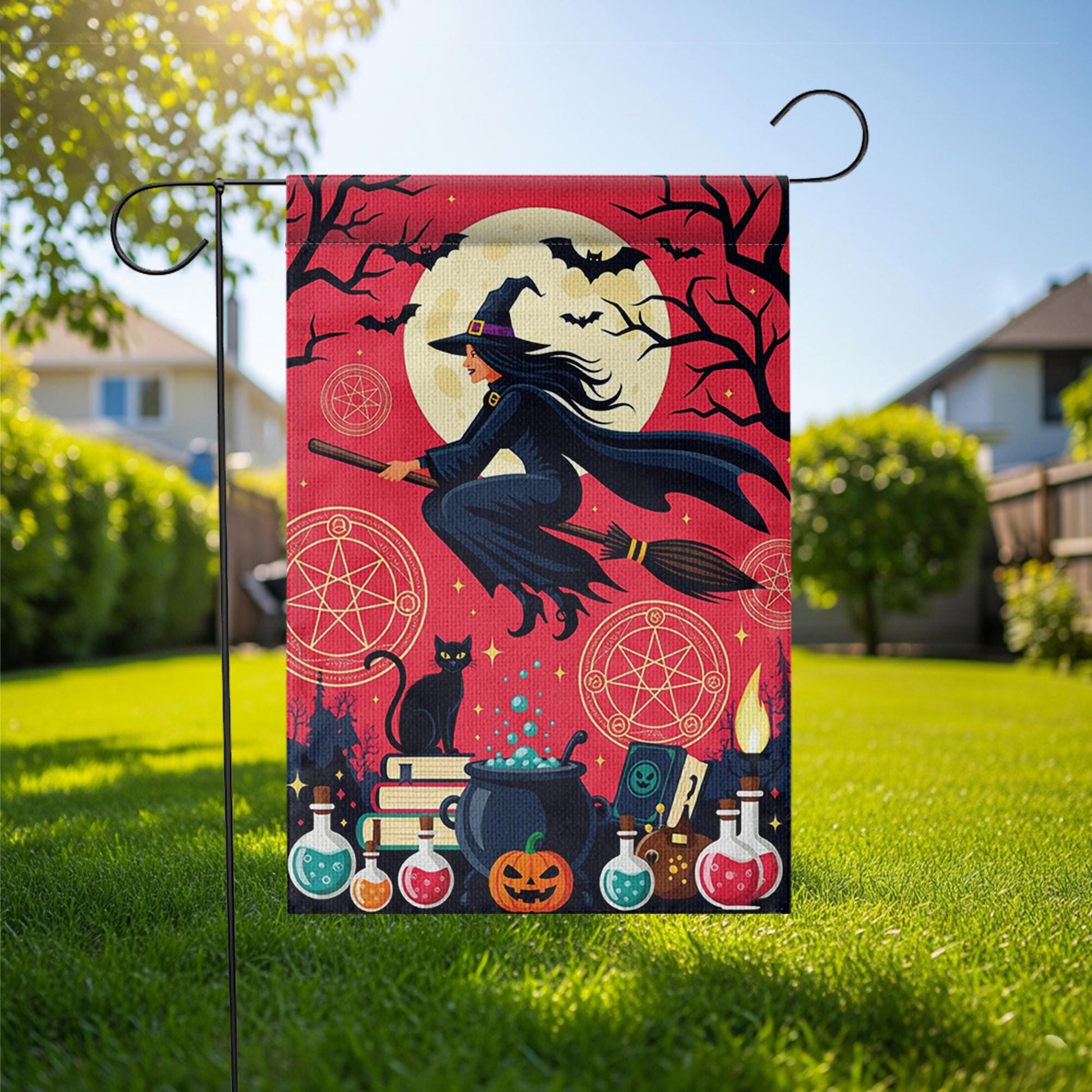 Halloween Witch Garden Flag | Flying Witch Black Cat Potion Fall Yard Decor | Spooky Outdoor Banner