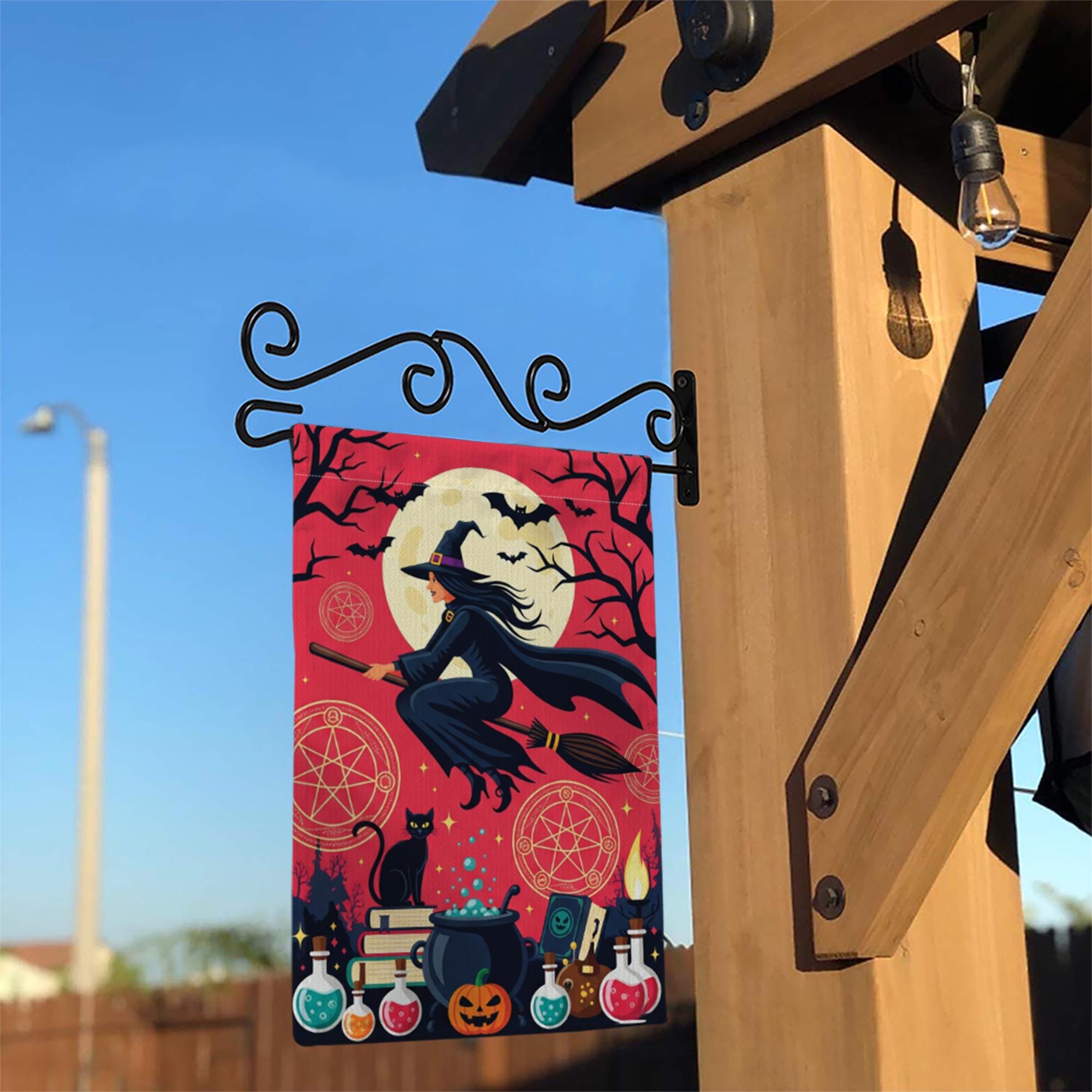 Halloween Witch Garden Flag | Flying Witch Black Cat Potion Fall Yard Decor | Spooky Outdoor Banner