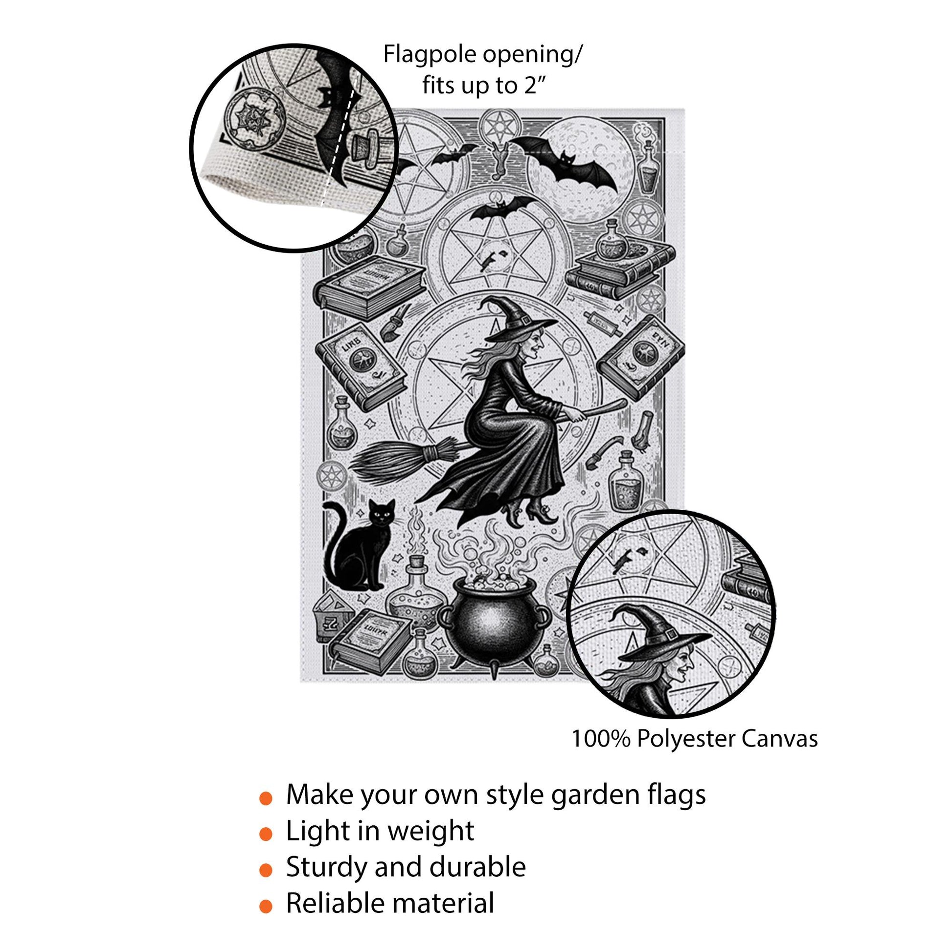Vintage Witch Garden Flag | Black and White Halloween Yard Banner | Gothic Flying Witch Decor