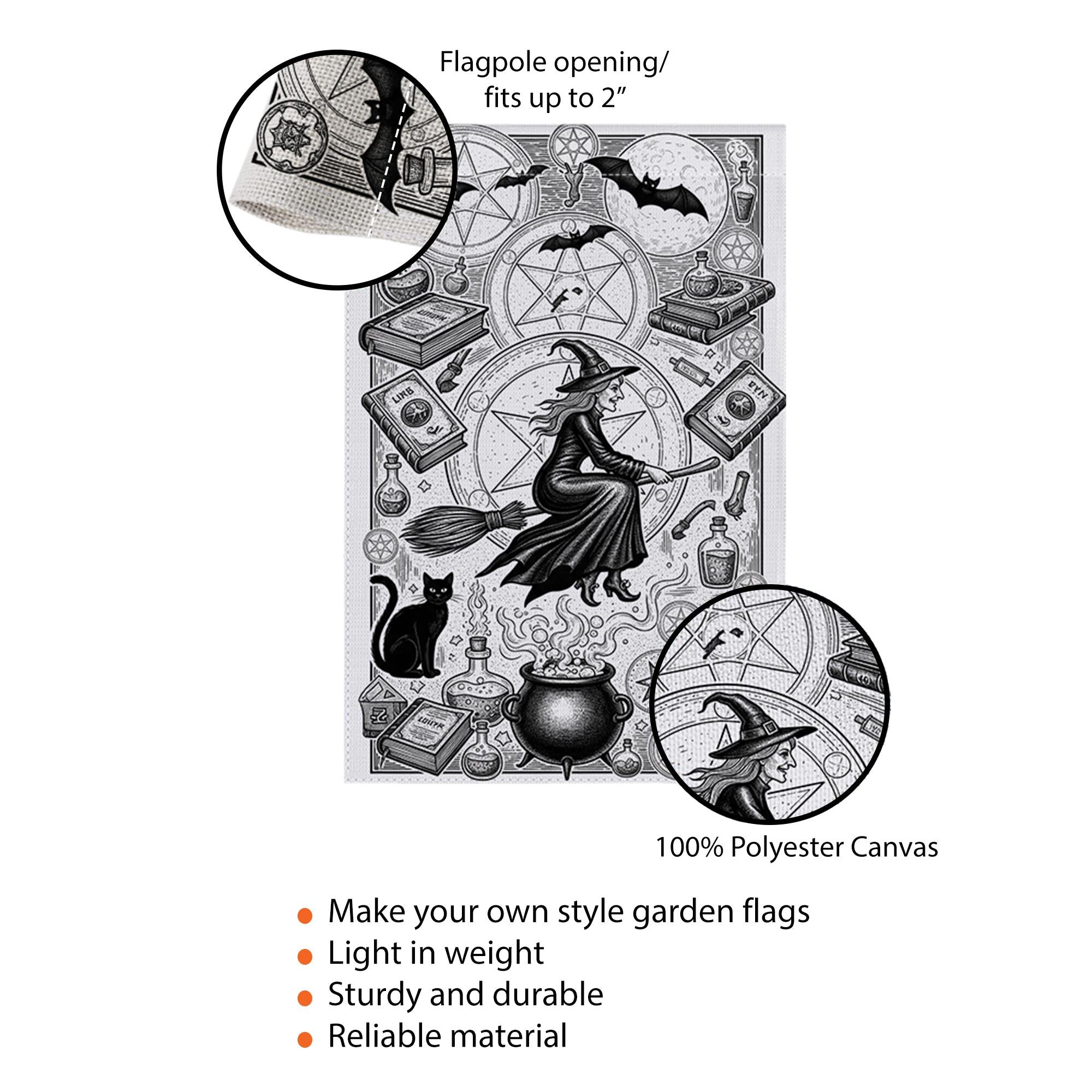 Vintage Witch Garden Flag | Black and White Halloween Yard Banner | Gothic Flying Witch Decor
