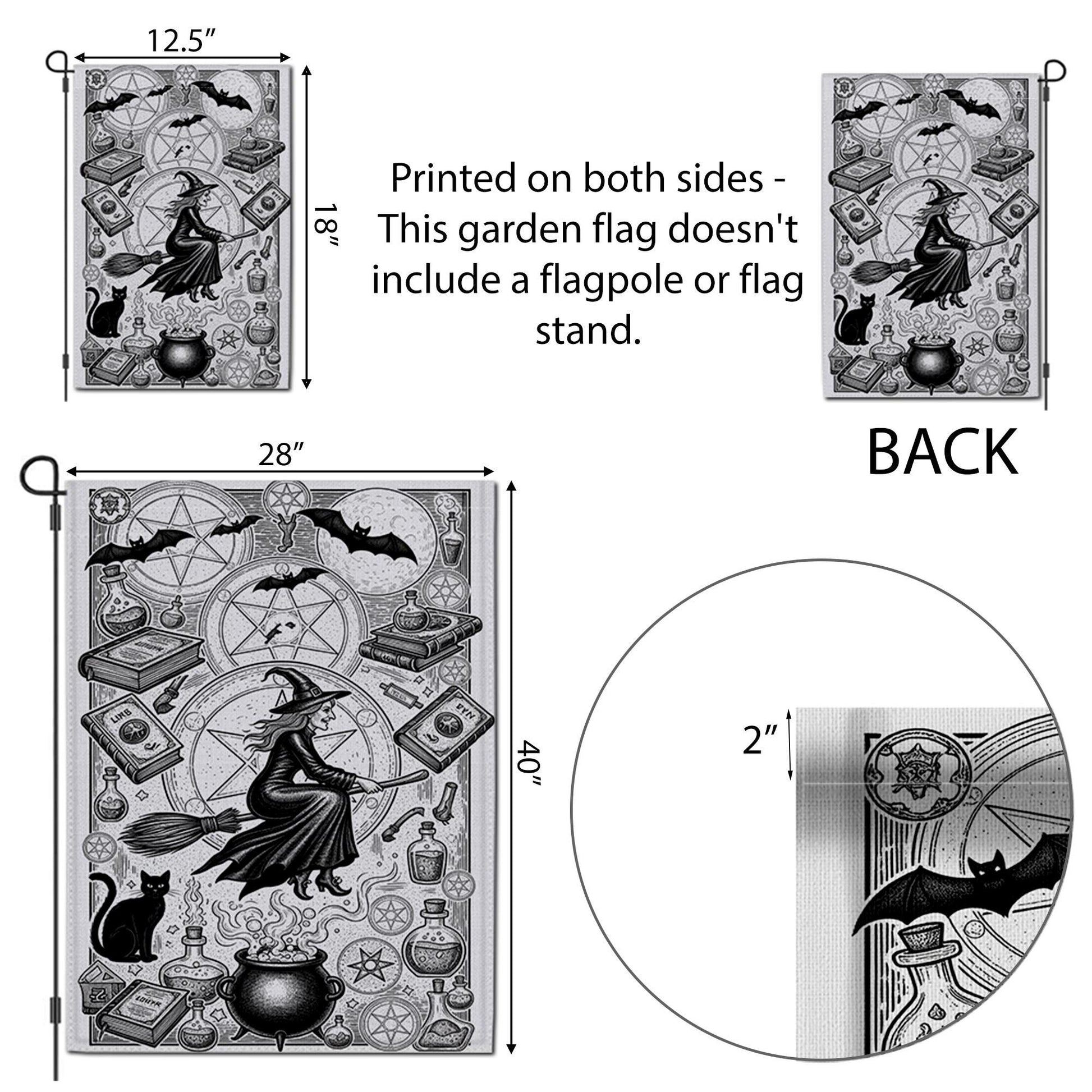Vintage Witch Garden Flag | Black and White Halloween Yard Banner | Gothic Flying Witch Decor