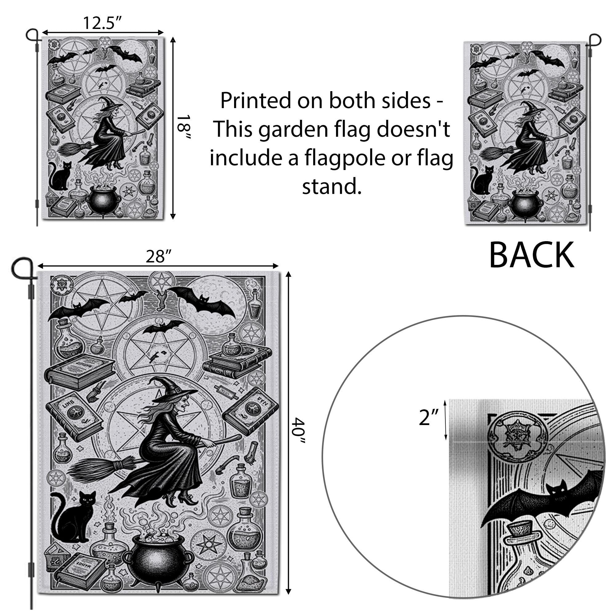 Vintage Witch Garden Flag | Black and White Halloween Yard Banner | Gothic Flying Witch Decor