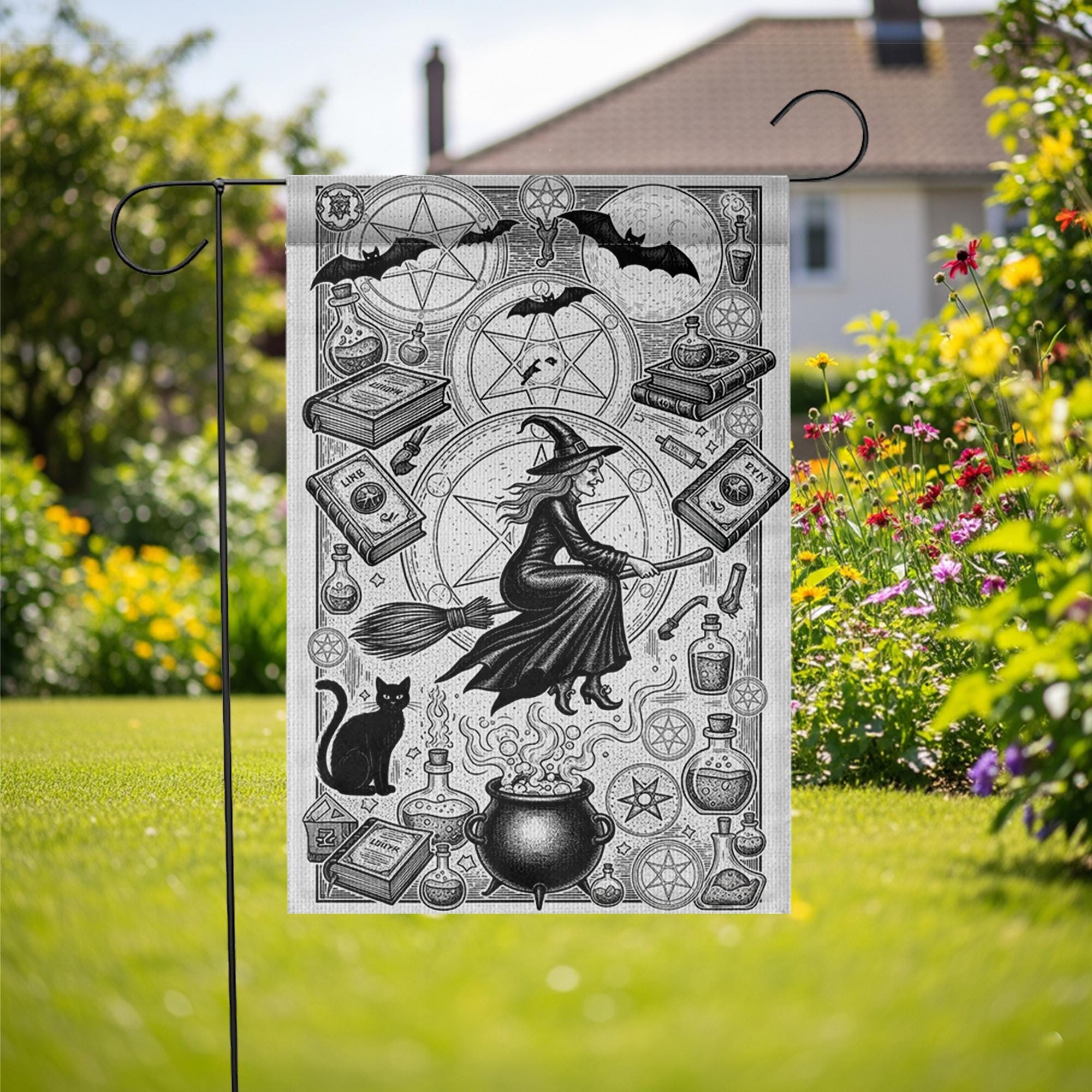 Vintage Witch Garden Flag | Black and White Halloween Yard Banner | Gothic Flying Witch Decor