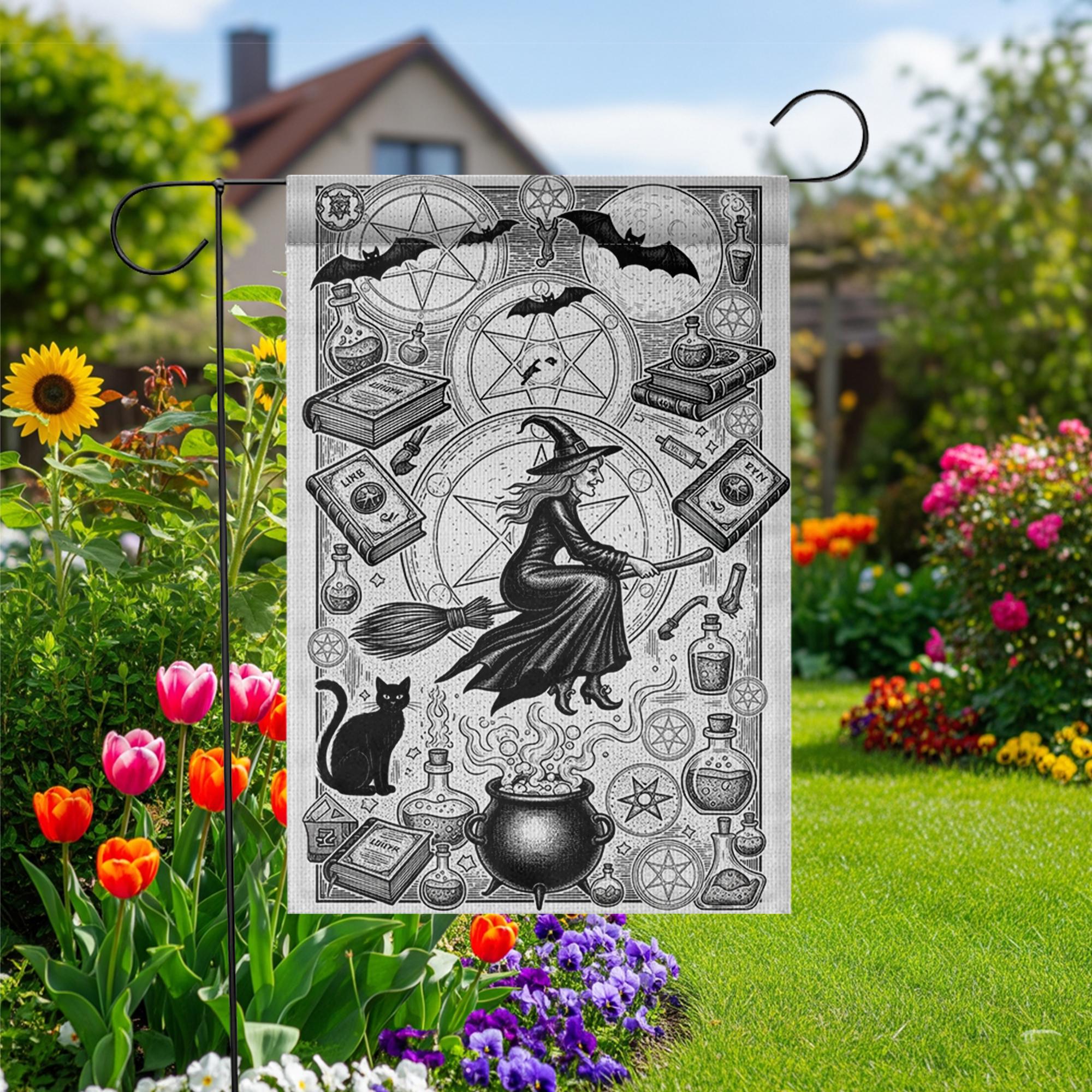 Vintage Witch Garden Flag | Black and White Halloween Yard Banner | Gothic Flying Witch Decor