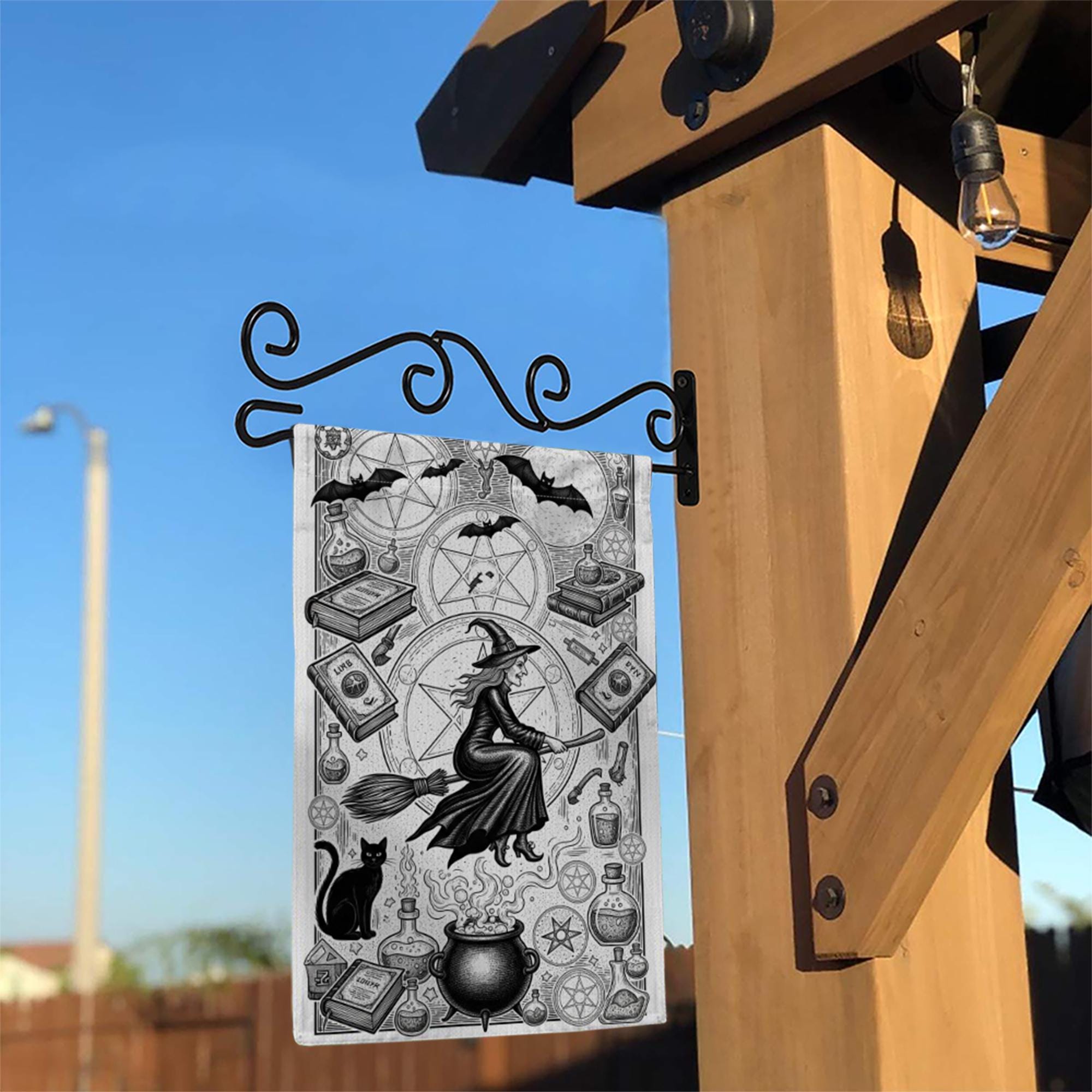 Vintage Witch Garden Flag | Black and White Halloween Yard Banner | Gothic Flying Witch Decor