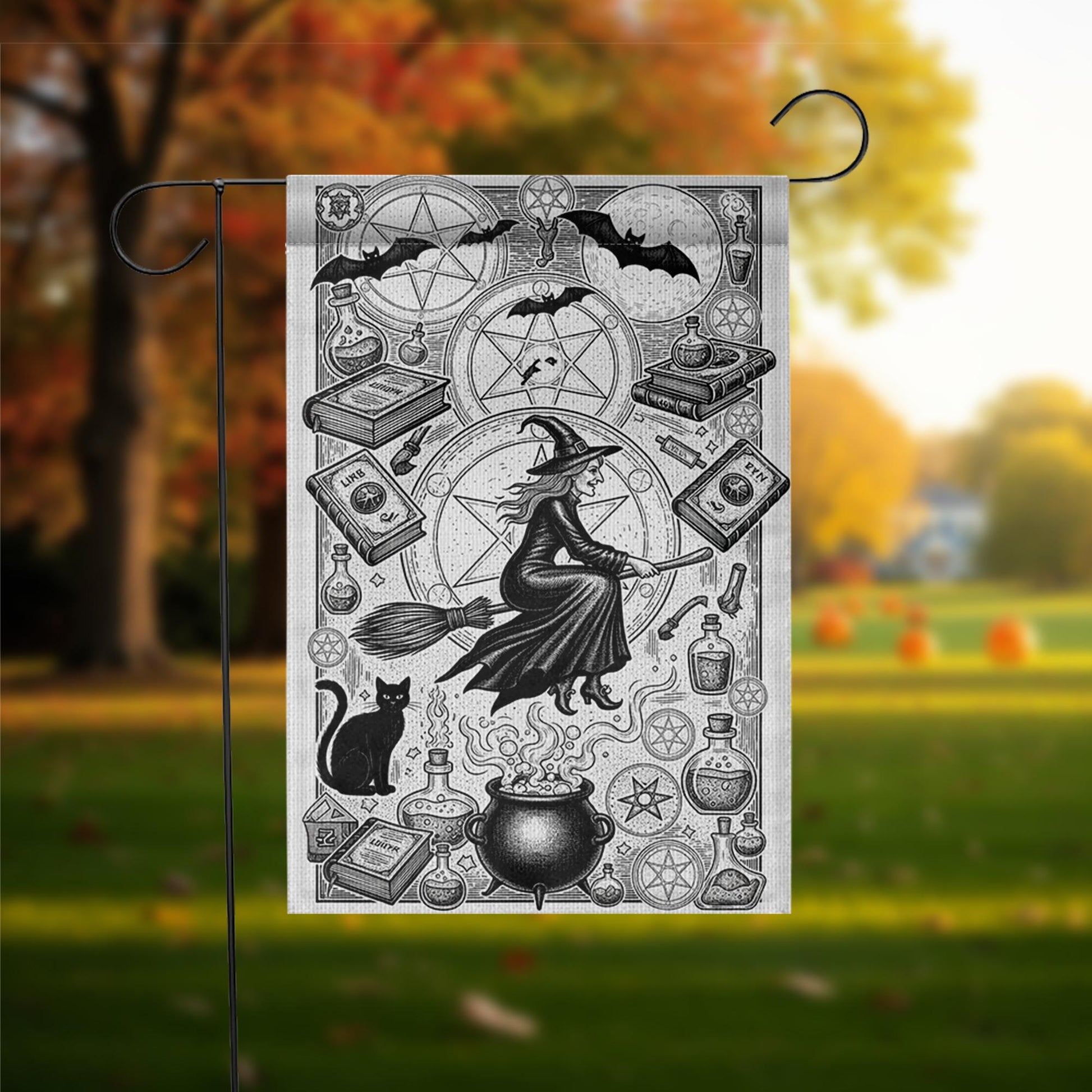 Vintage Witch Garden Flag | Black and White Halloween Yard Banner | Gothic Flying Witch Decor