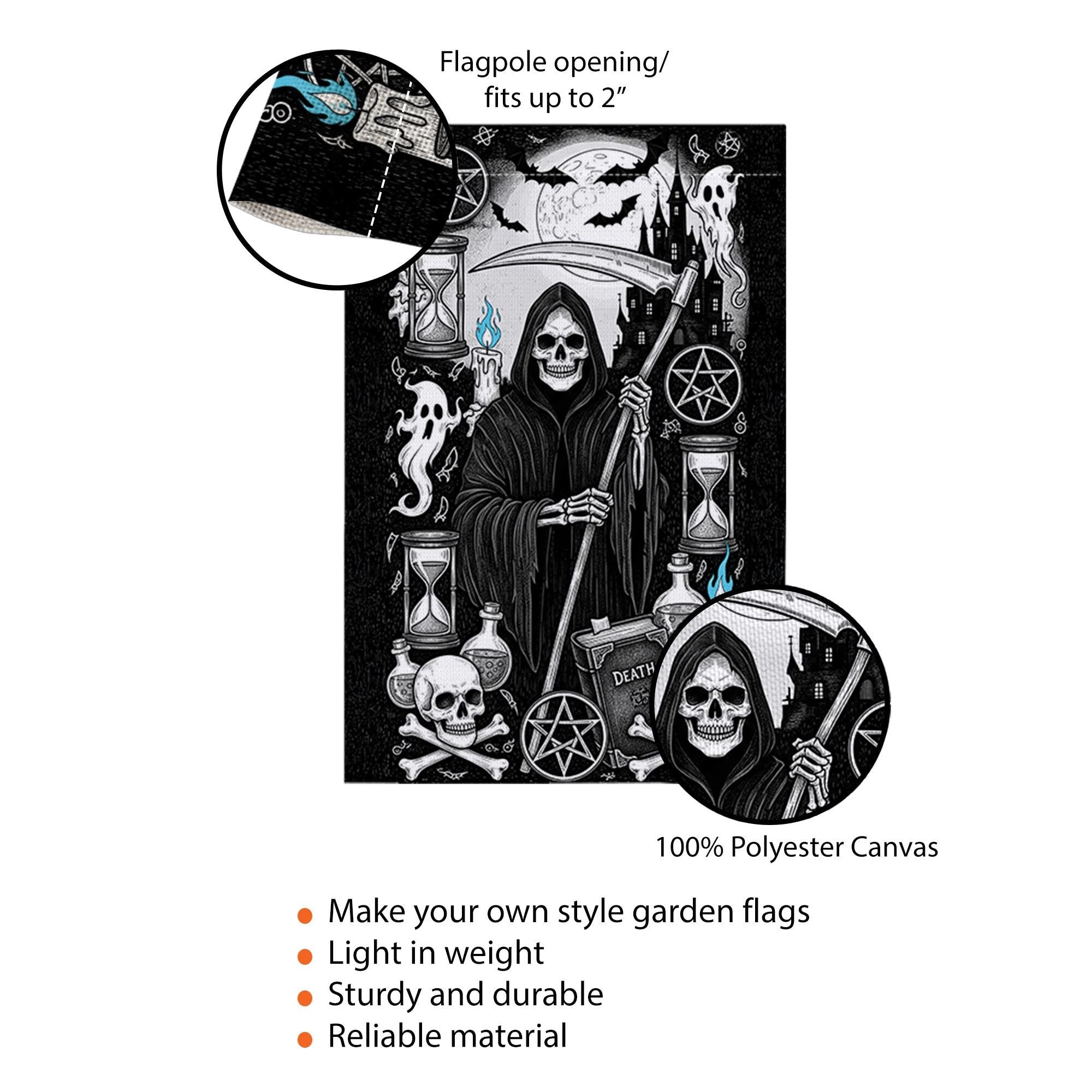 Grim Reaper Gothic Garden Flag | Black White Halloween Yard Banner | Spooky Skeleton Death Decor