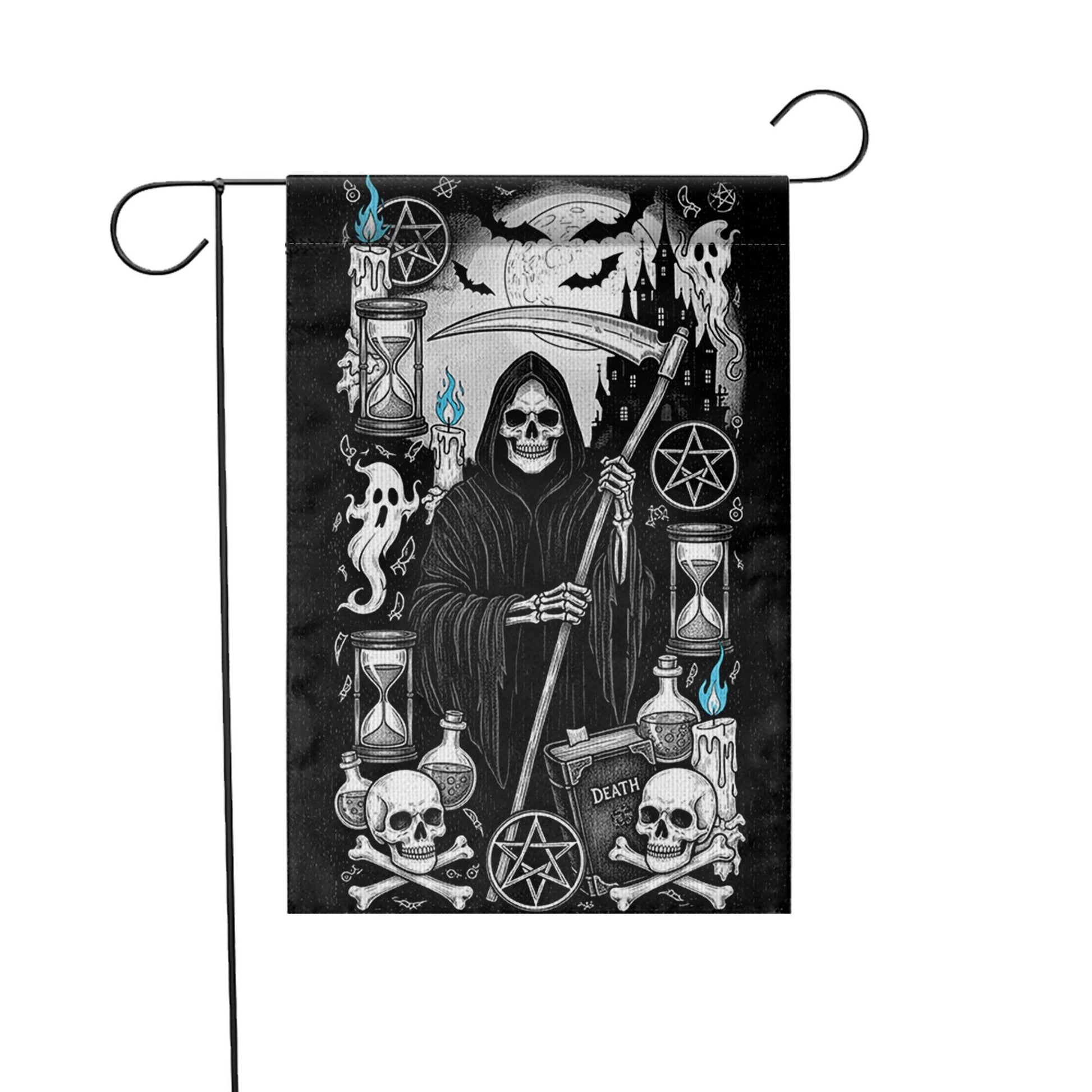 Grim Reaper Gothic Garden Flag | Black White Halloween Yard Banner | Spooky Skeleton Death Decor