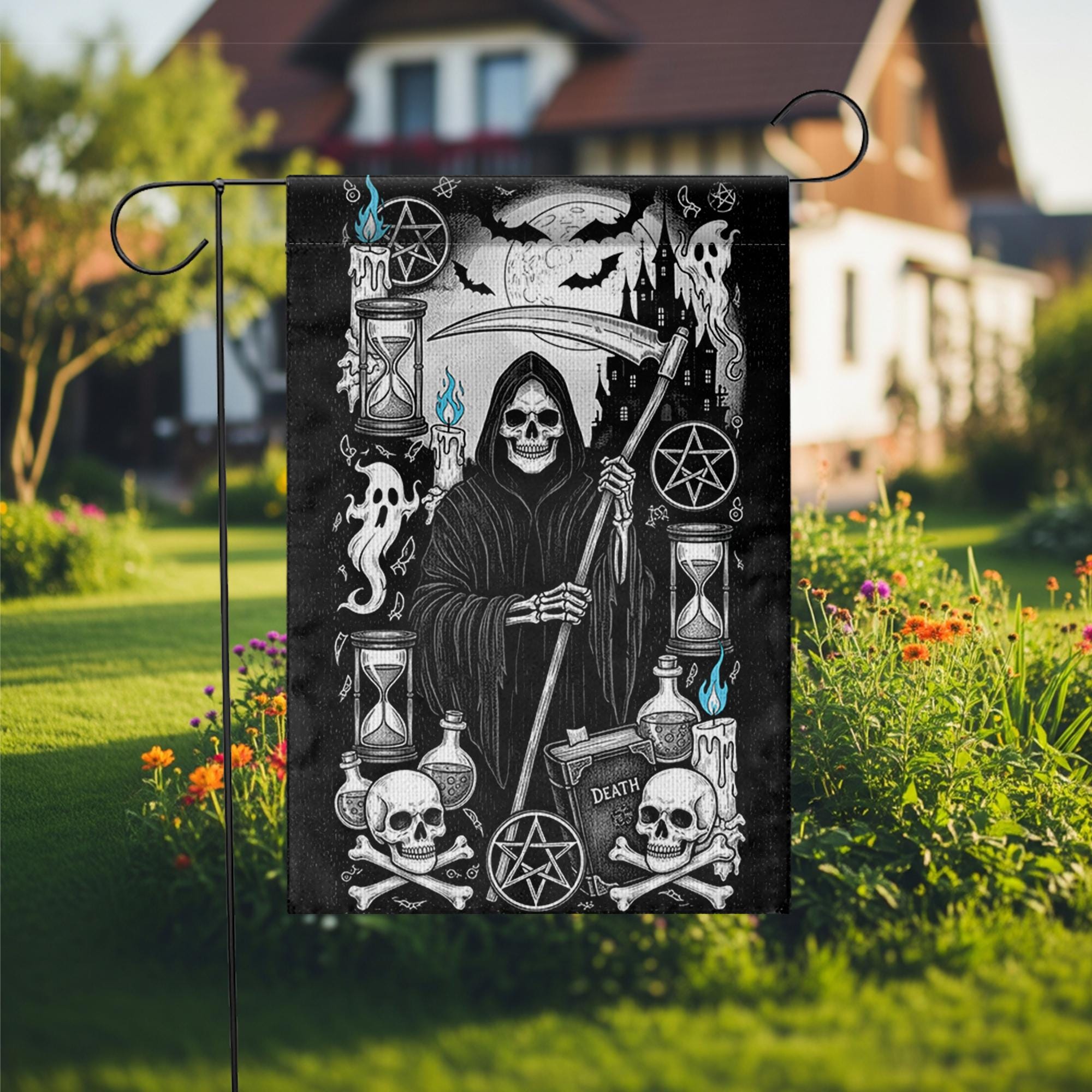 Grim Reaper Gothic Garden Flag | Black White Halloween Yard Banner | Spooky Skeleton Death Decor