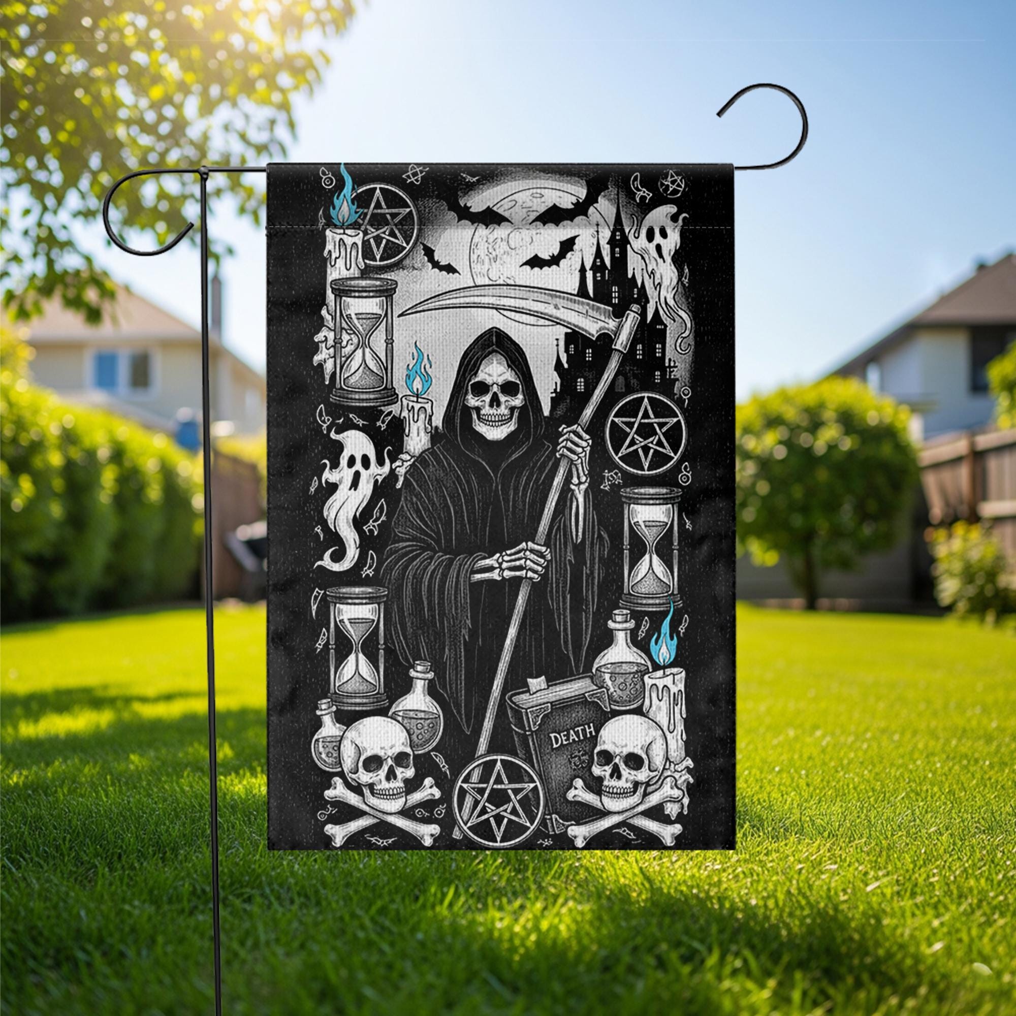 Grim Reaper Gothic Garden Flag | Black White Halloween Yard Banner | Spooky Skeleton Death Decor