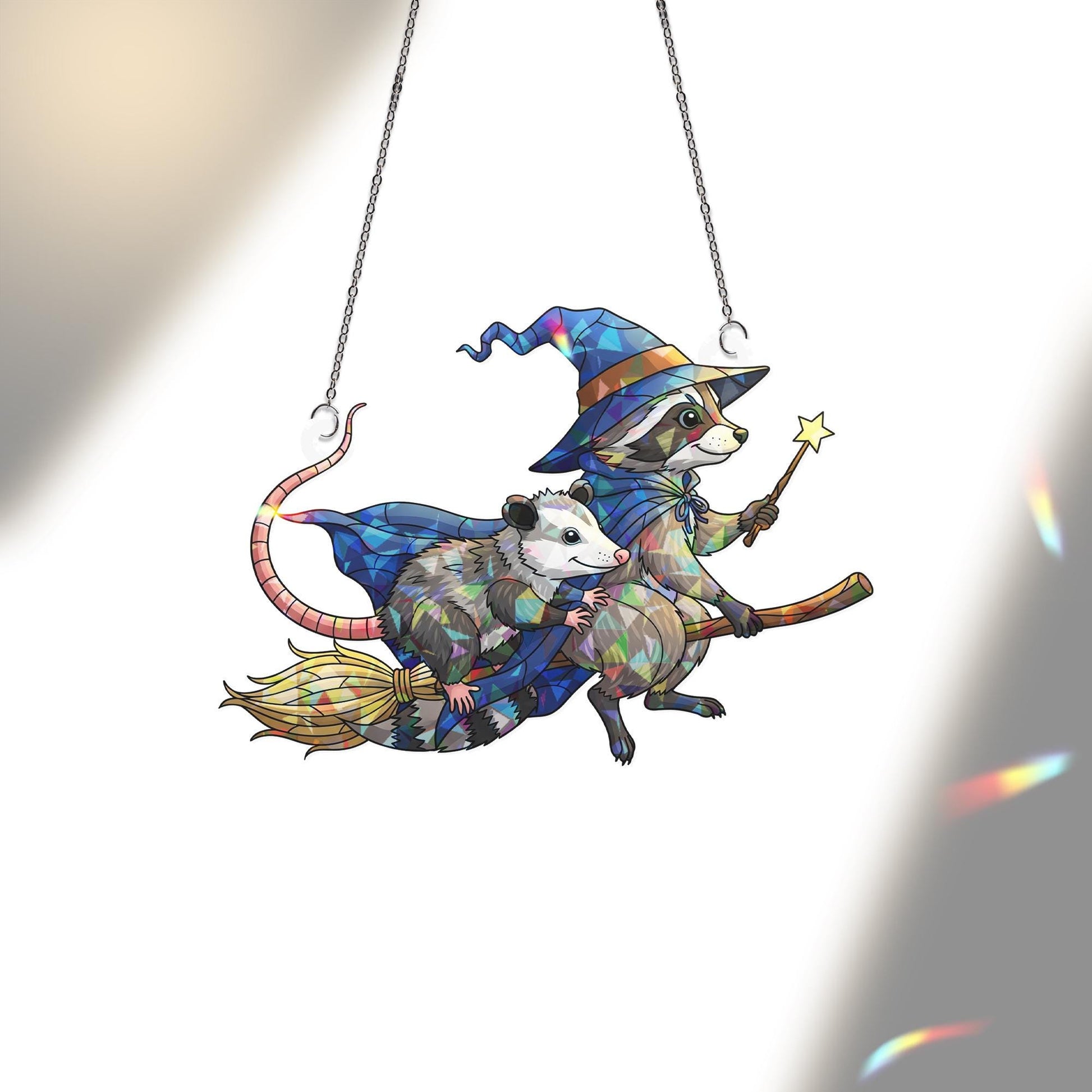 Witch Raccoon Possum Suncatcher | Halloween Stained Glass Animal Window Decor | Cute Flying Broom Art