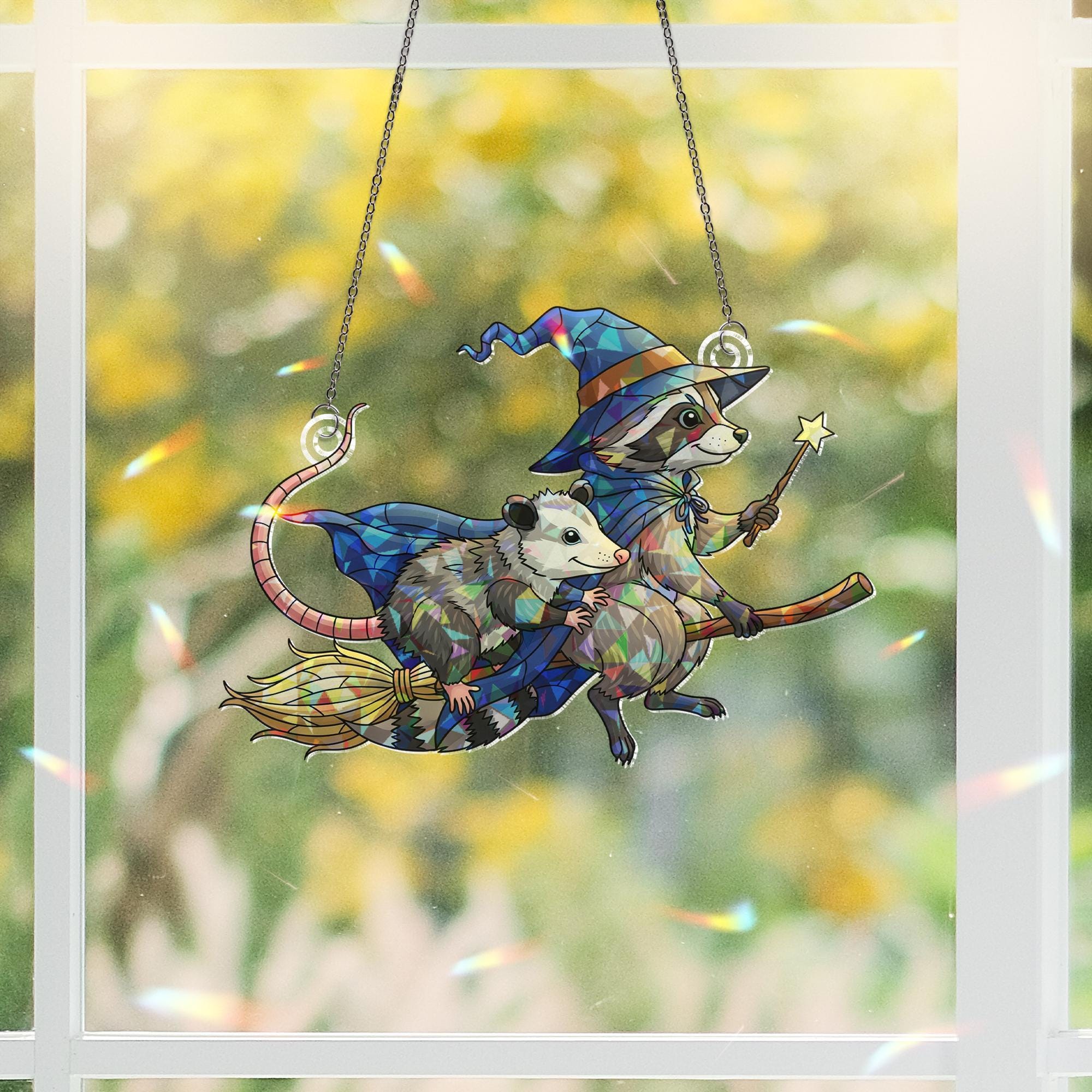 Witch Raccoon Possum Suncatcher | Halloween Stained Glass Animal Window Decor | Cute Flying Broom Art