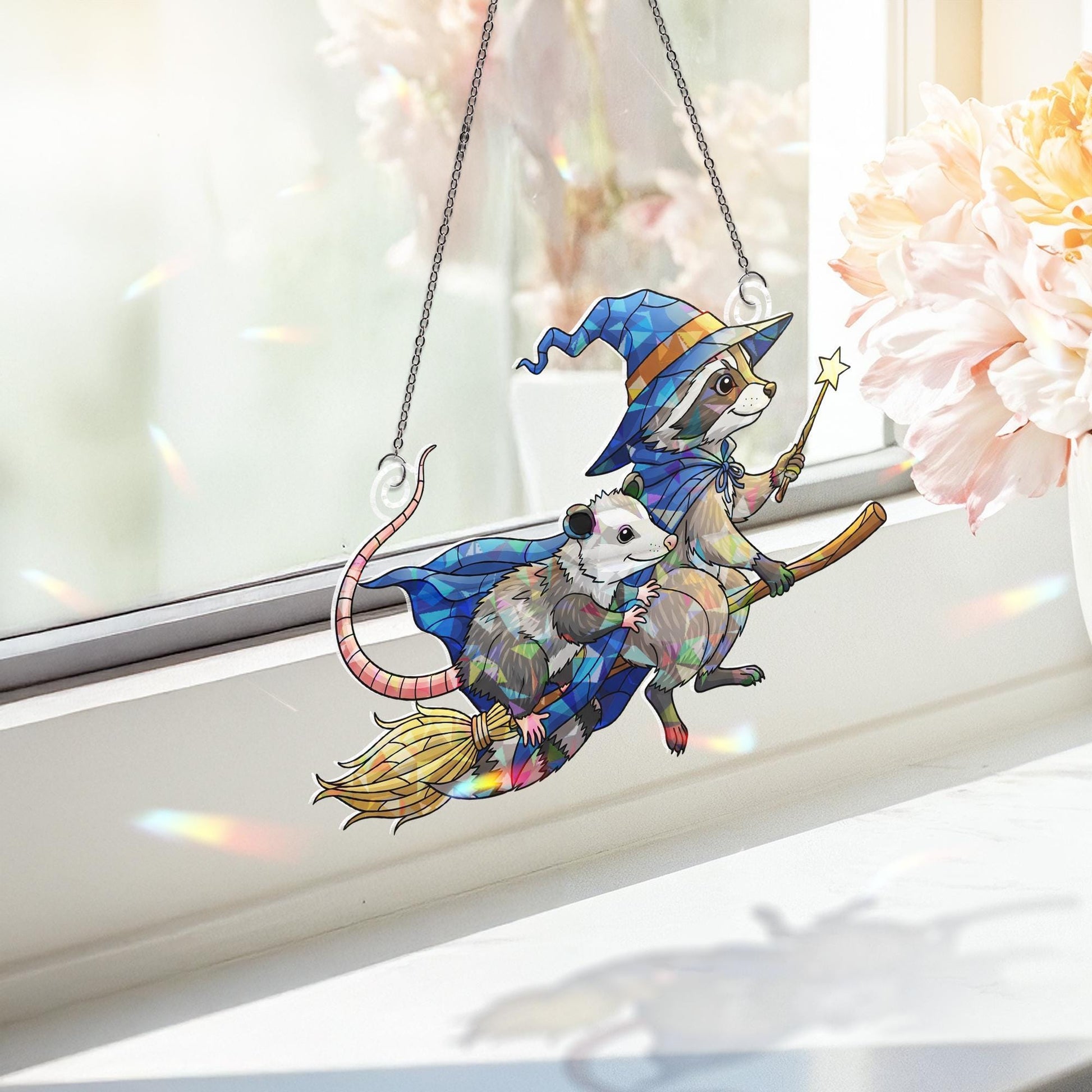Witch Raccoon Possum Suncatcher | Halloween Stained Glass Animal Window Decor | Cute Flying Broom Art