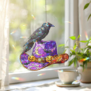 Halloween Raven Cowboy Hat Suncatcher | Stained Glass Western Spooky Window Decor | Gothic Fall Ornament