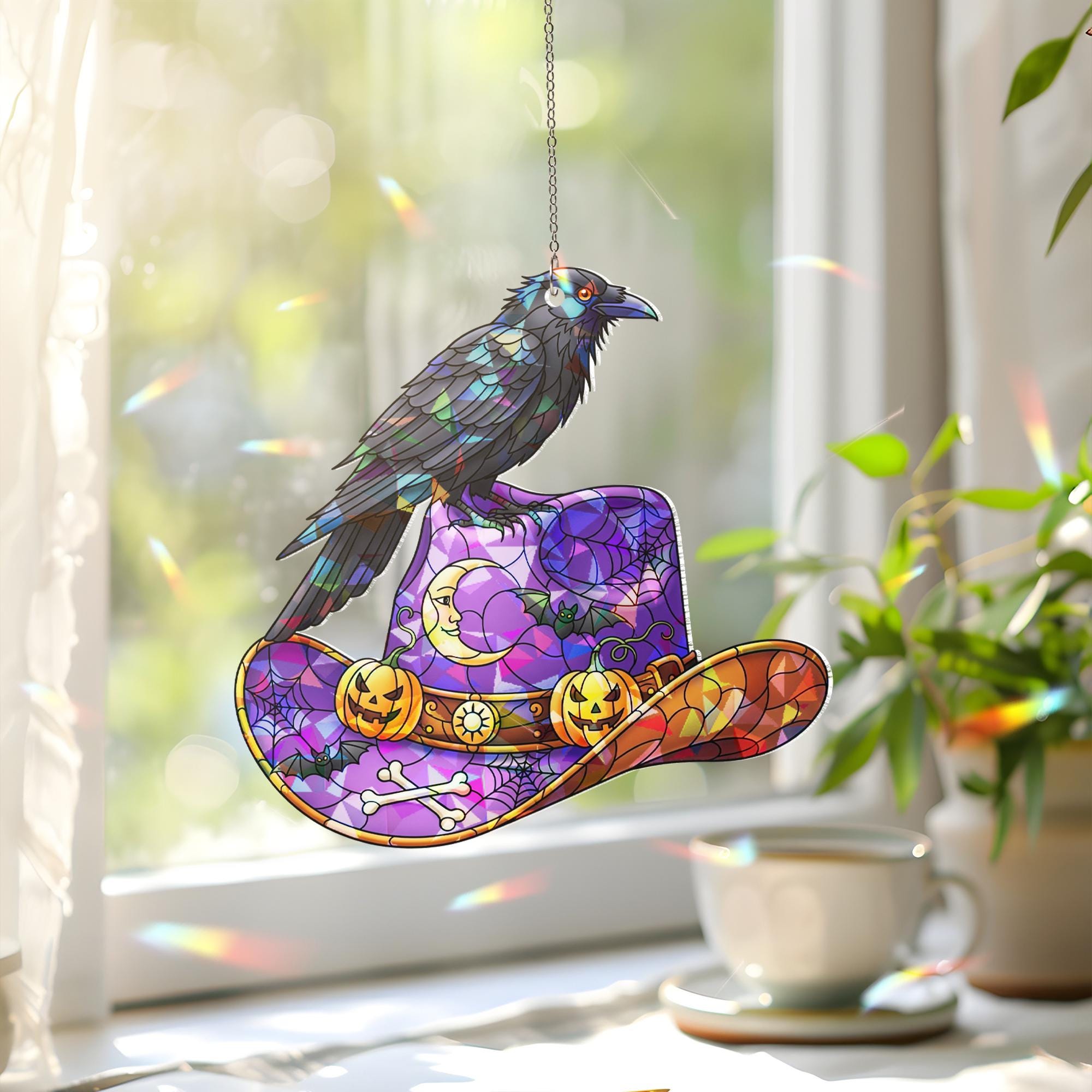 Halloween Raven Cowboy Hat Suncatcher | Stained Glass Western Spooky Window Decor | Gothic Fall Ornament