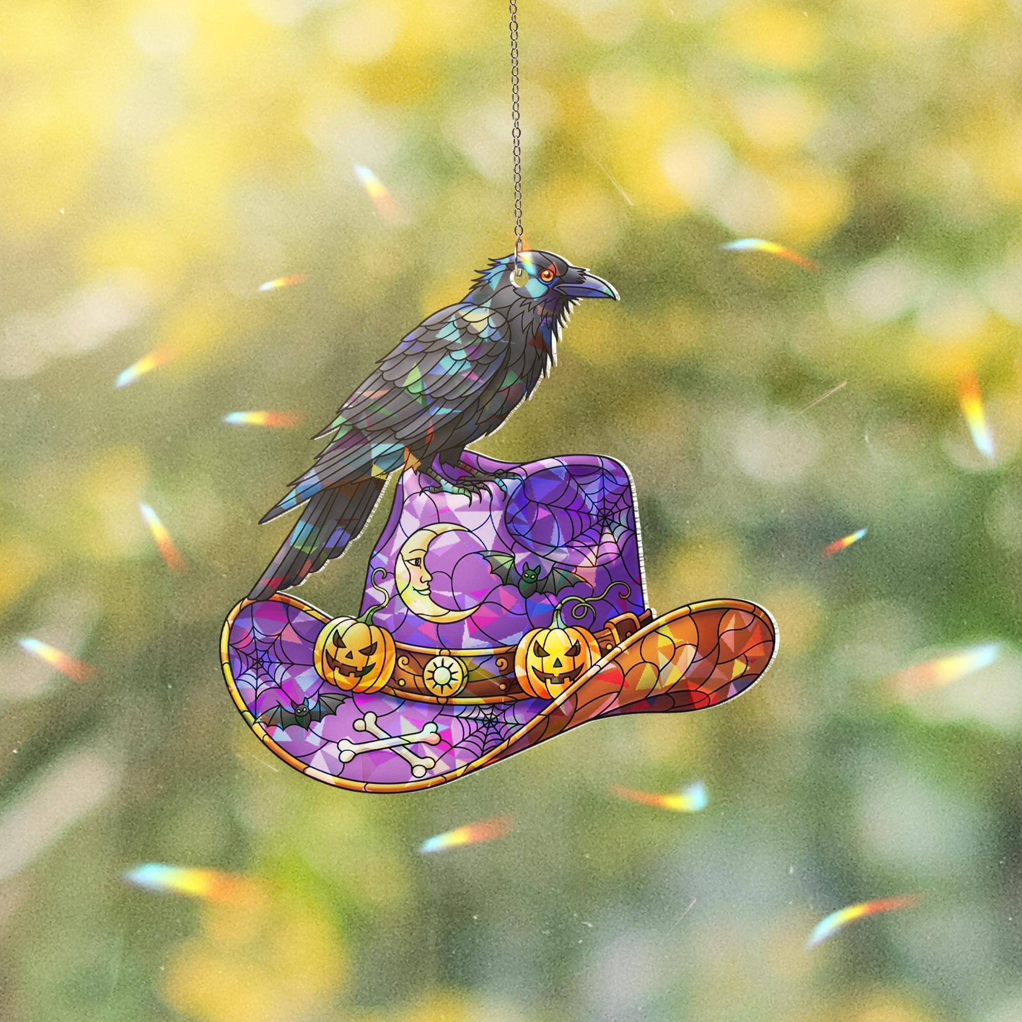 Halloween Raven Cowboy Hat Suncatcher | Stained Glass Western Spooky Window Decor | Gothic Fall Ornament