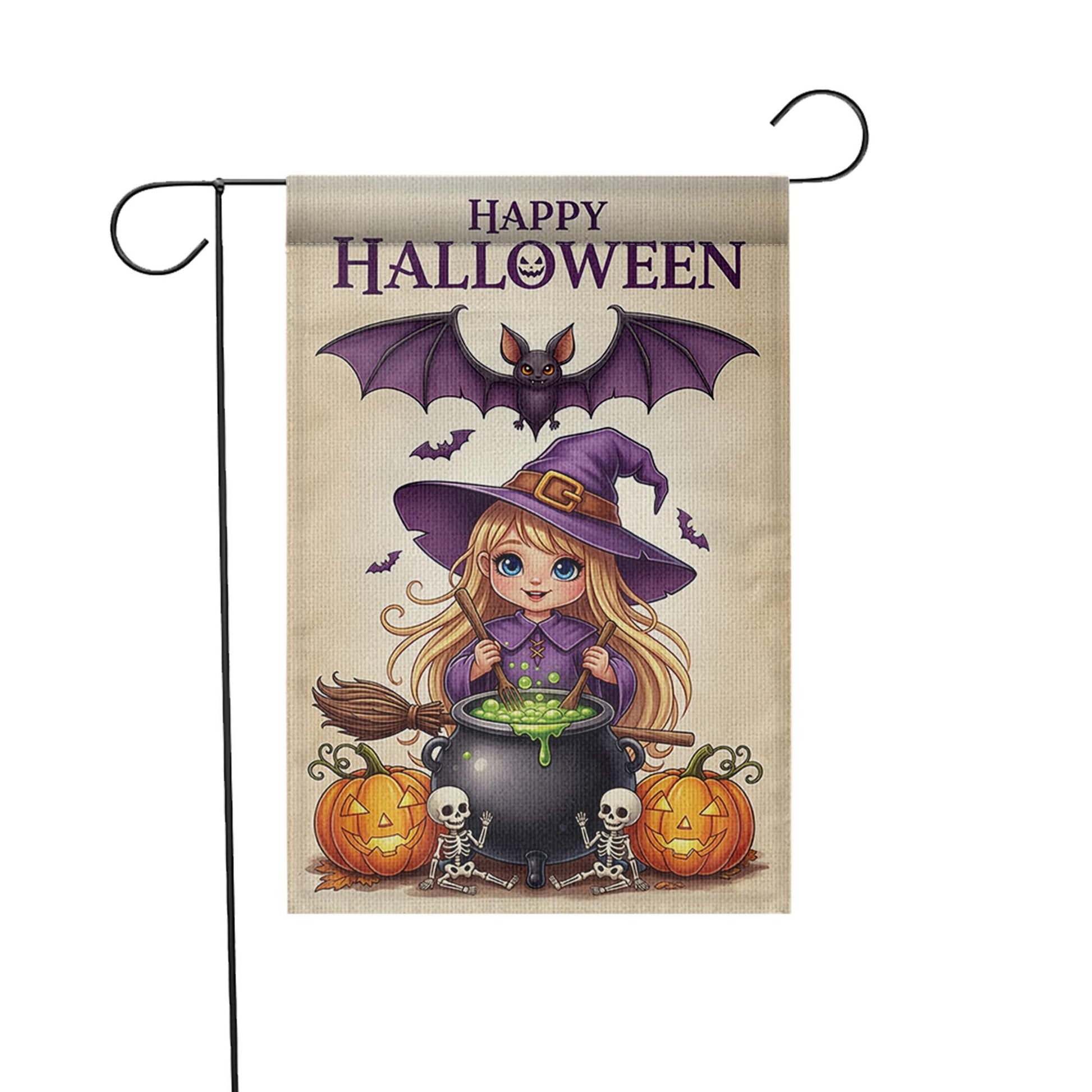 Cute Witch Halloween Garden Flag Little Girl Yard Banner Outdoor Fall Pumpkin Skeleton Decor