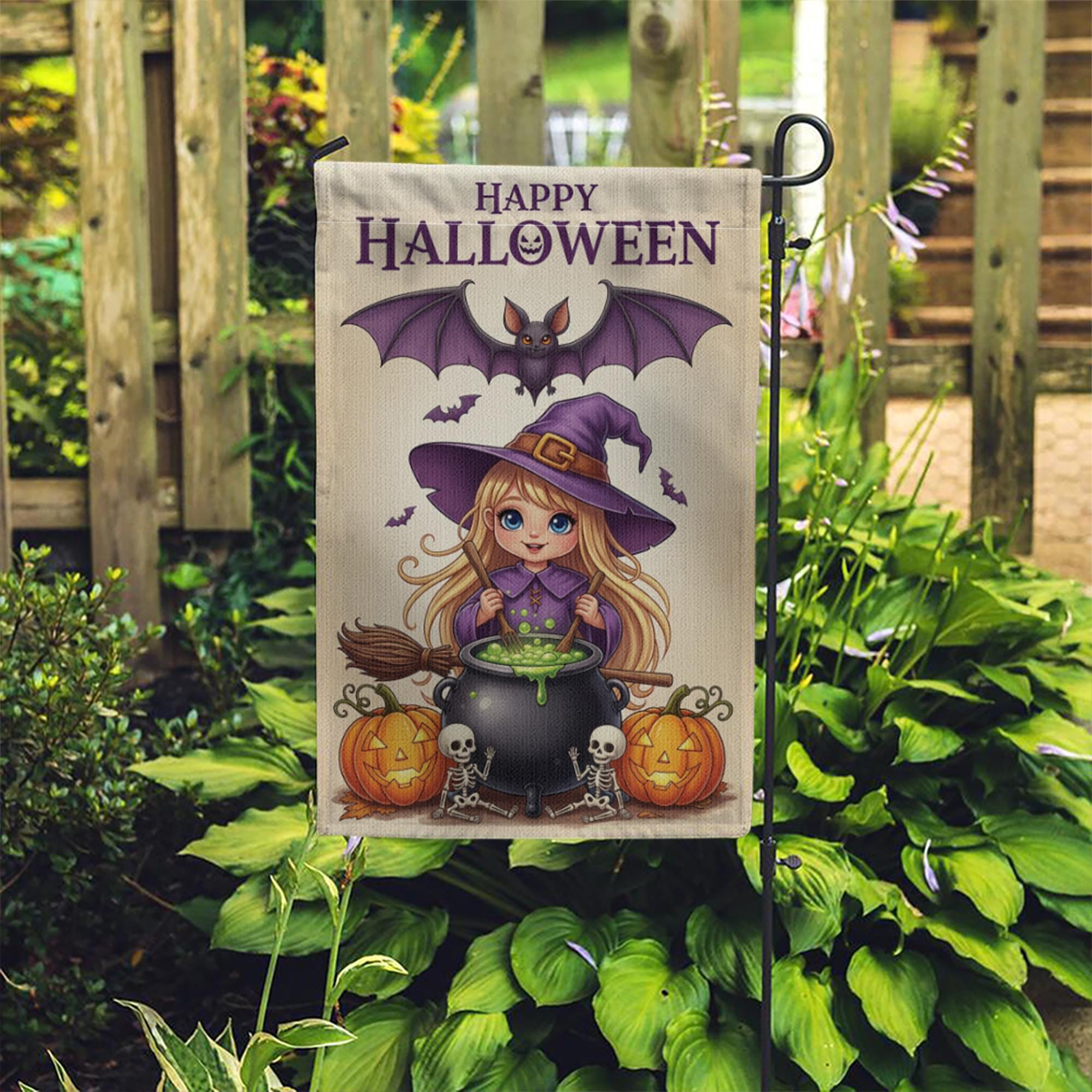 Cute Witch Halloween Garden Flag Little Girl Yard Banner Outdoor Fall Pumpkin Skeleton Decor