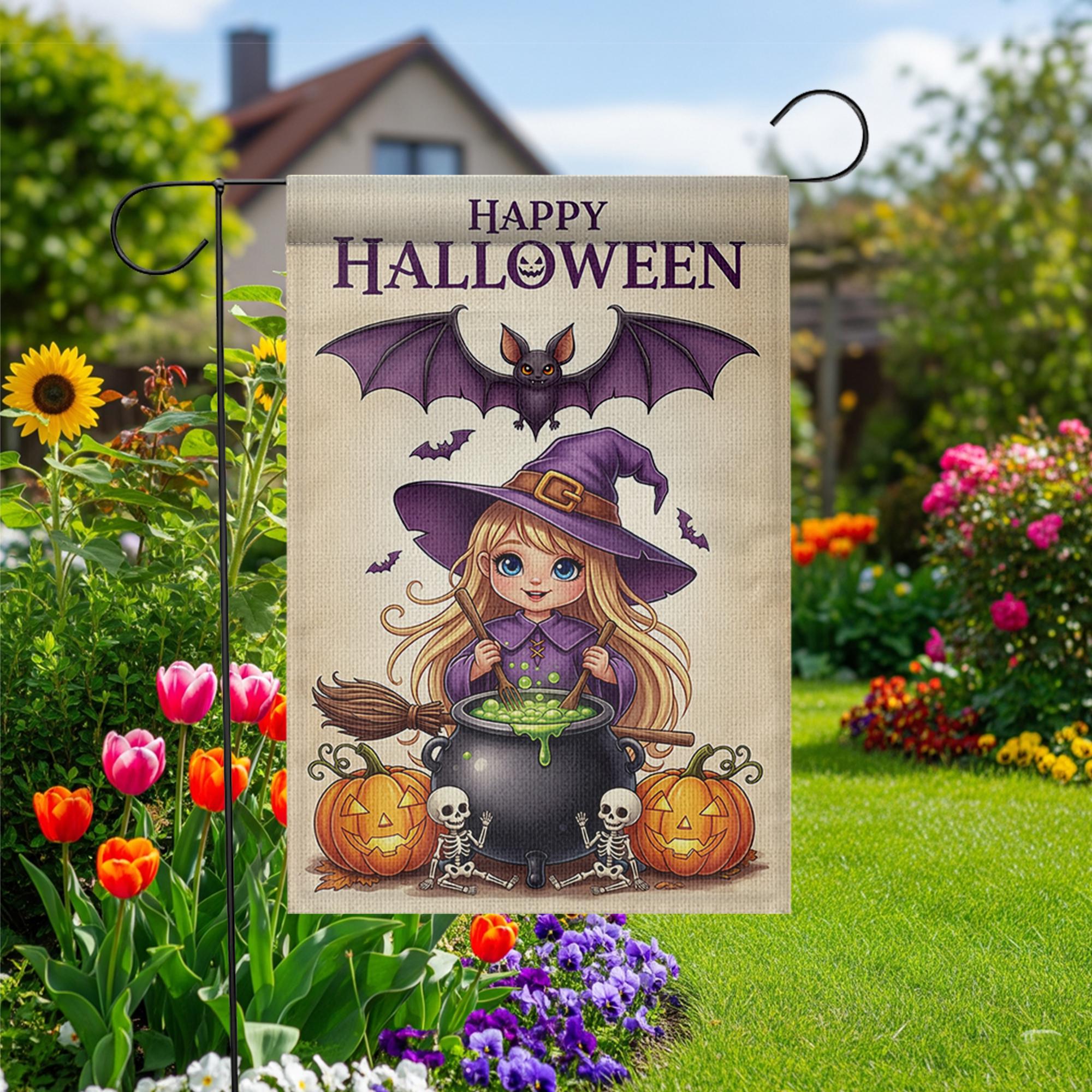 Cute Witch Halloween Garden Flag Little Girl Yard Banner Outdoor Fall Pumpkin Skeleton Decor