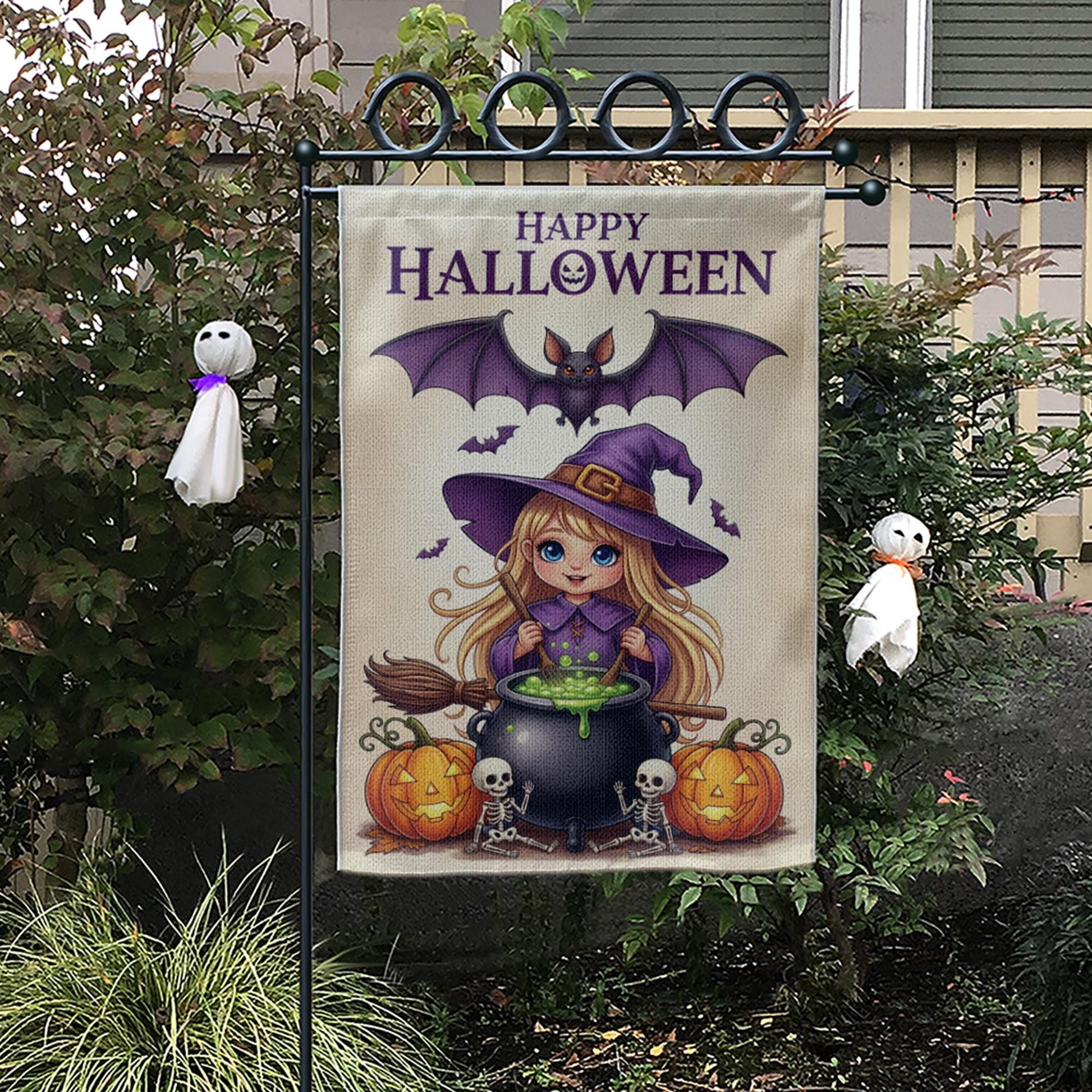 Cute Witch Halloween Garden Flag Little Girl Yard Banner Outdoor Fall Pumpkin Skeleton Decor