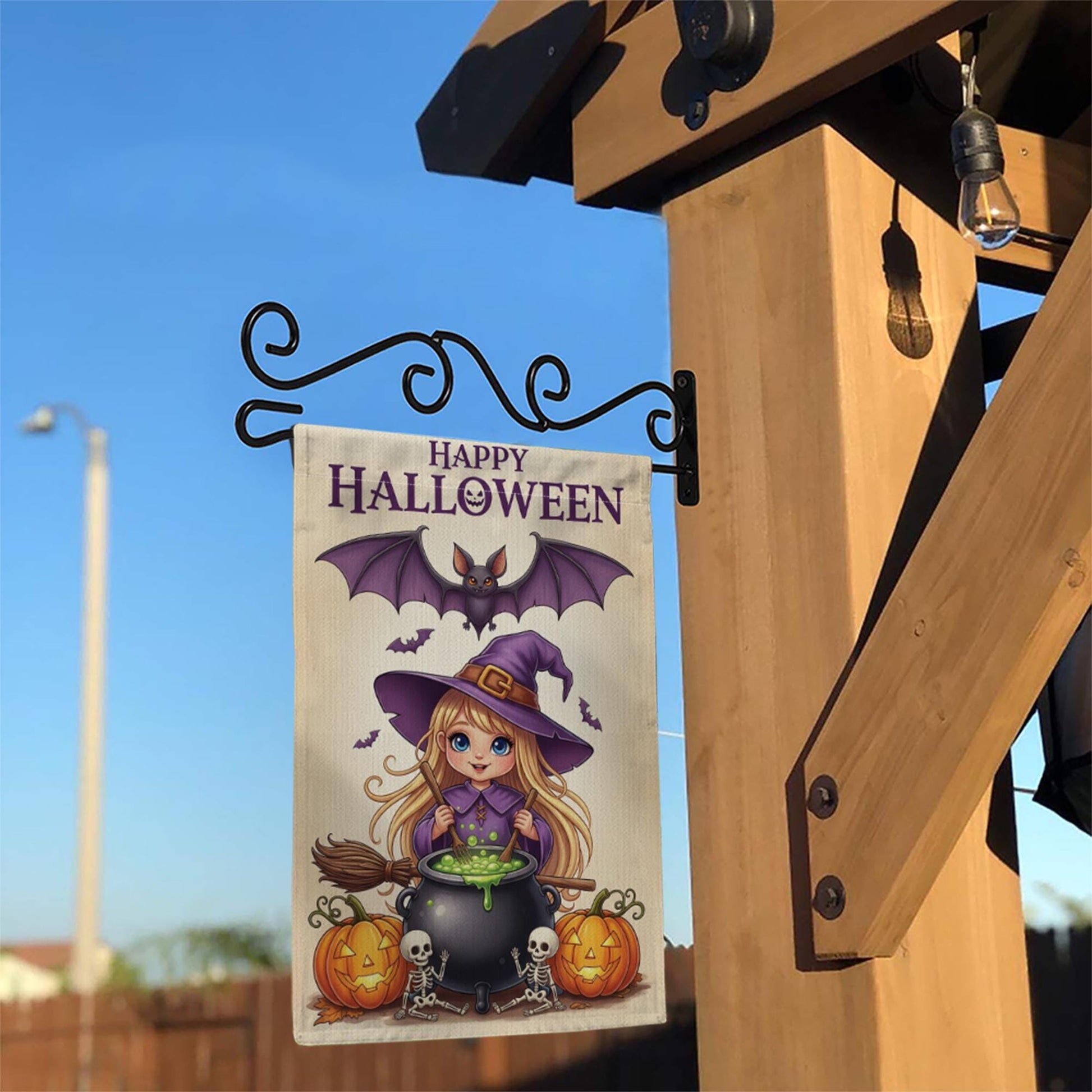 Cute Witch Halloween Garden Flag Little Girl Yard Banner Outdoor Fall Pumpkin Skeleton Decor