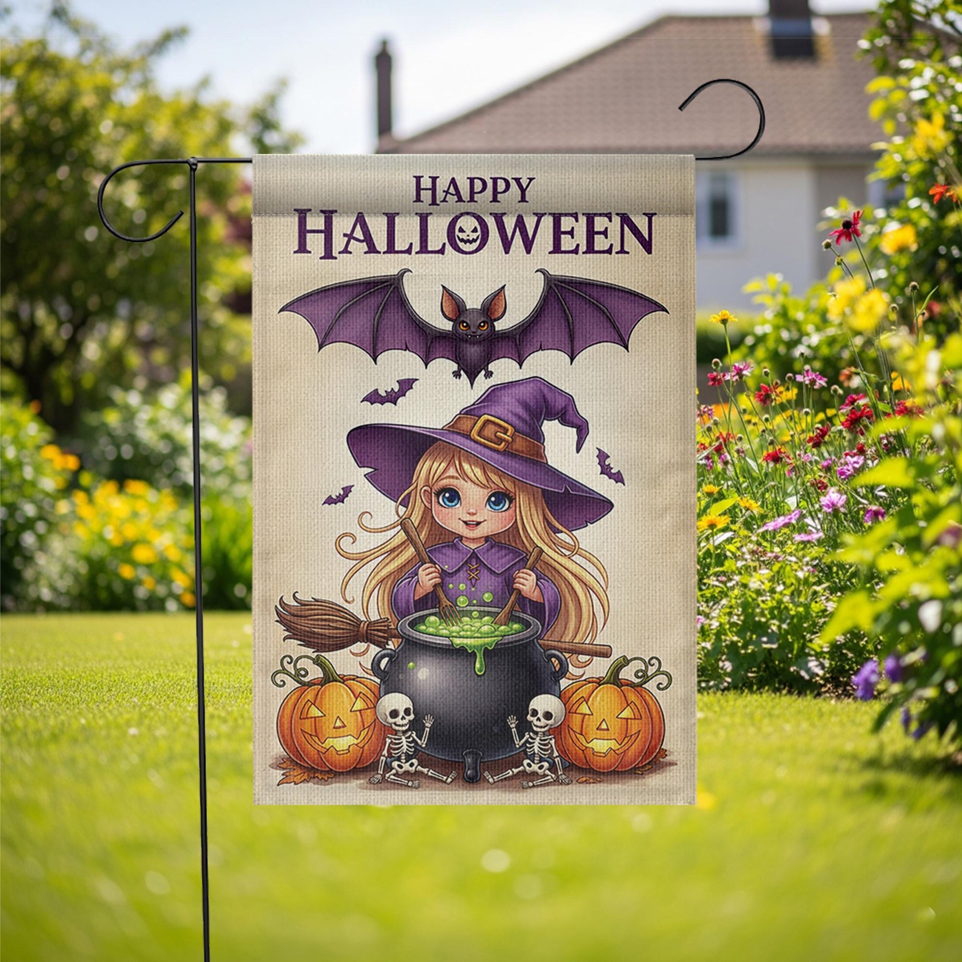 Cute Witch Halloween Garden Flag Little Girl Yard Banner Outdoor Fall Pumpkin Skeleton Decor