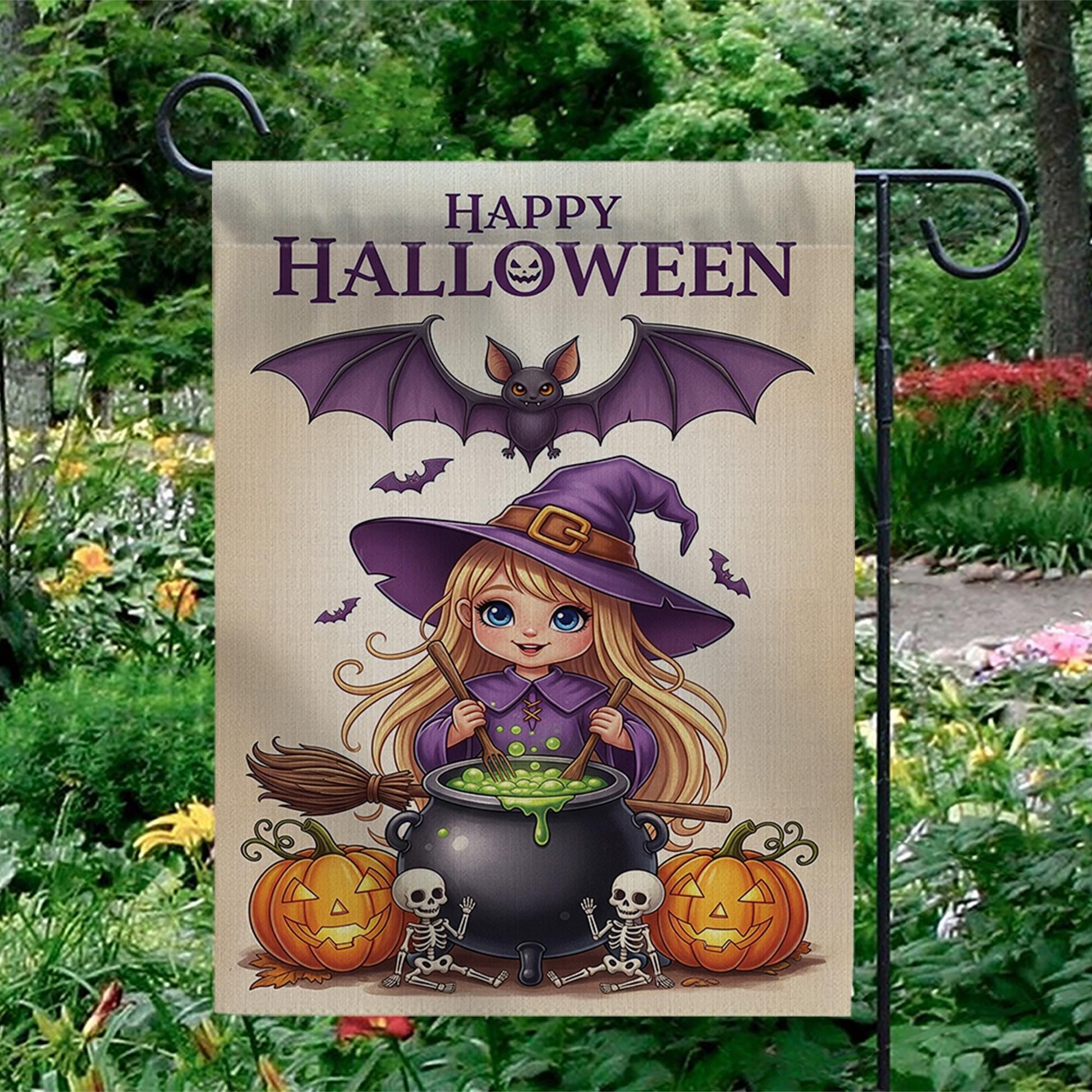 Cute Witch Halloween Garden Flag Little Girl Yard Banner Outdoor Fall Pumpkin Skeleton Decor