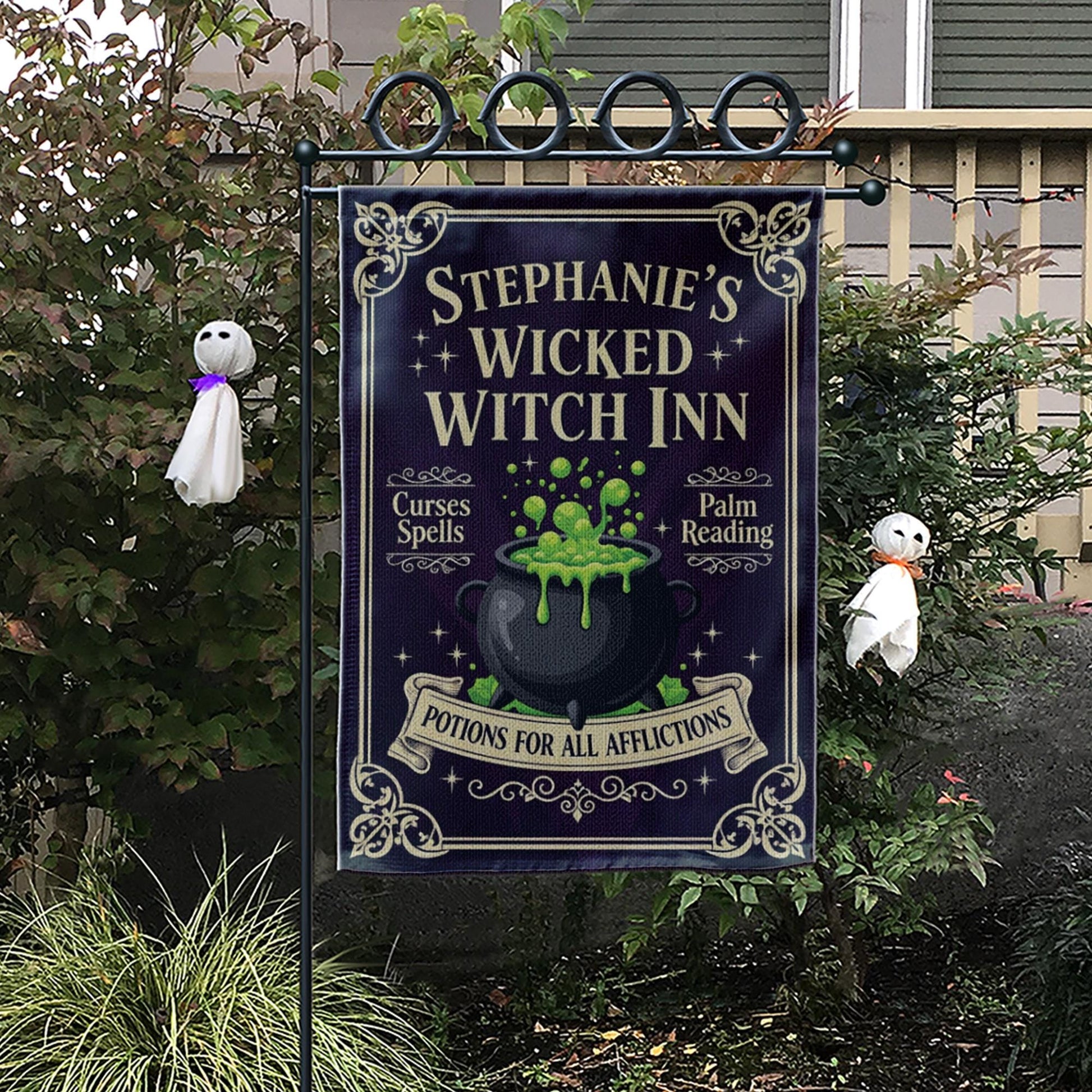 Personalized Wicked Witch Inn Garden Flag Halloween Yard Banner Spooky Outdoor Decor Witch Sign