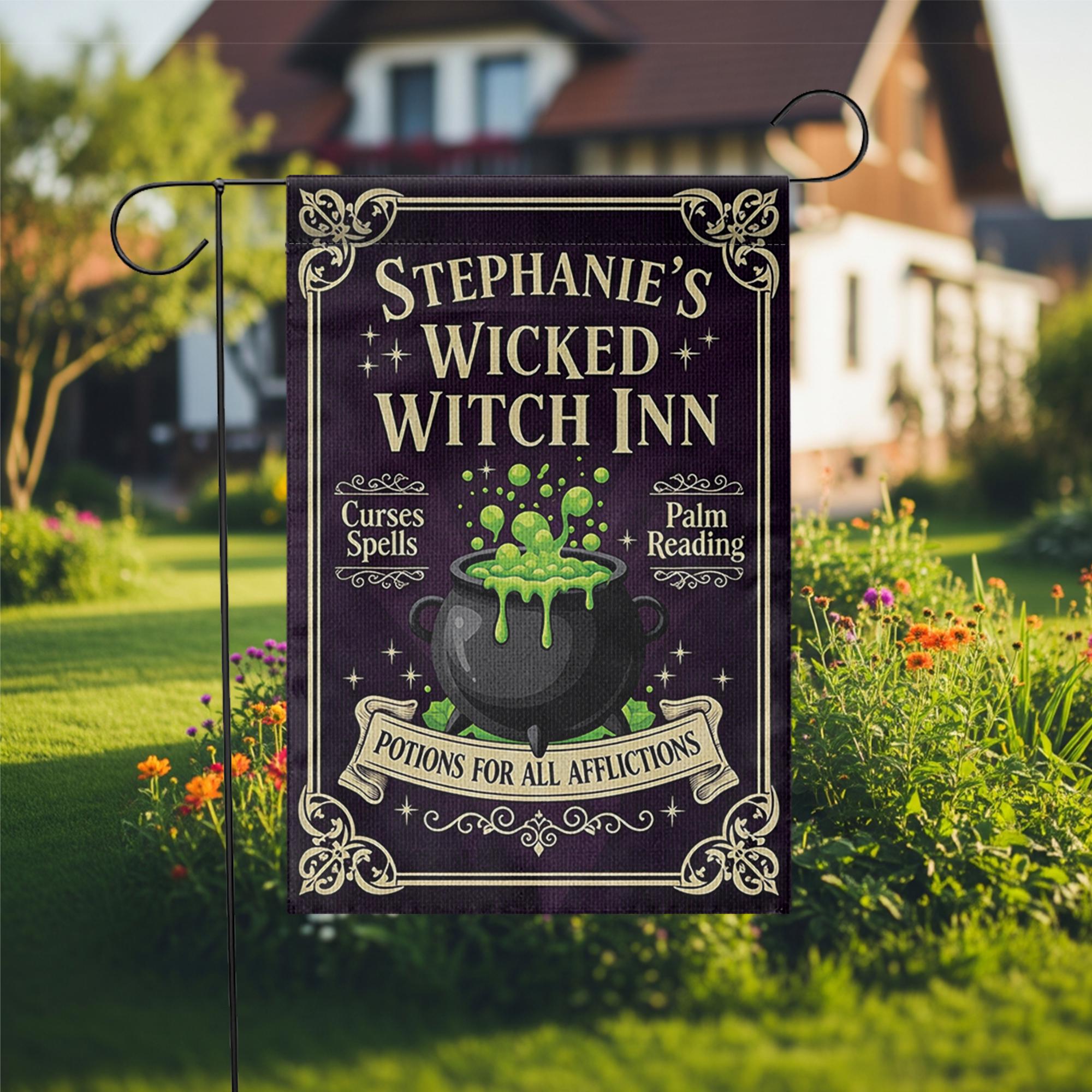 Personalized Wicked Witch Inn Garden Flag Halloween Yard Banner Spooky Outdoor Decor Witch Sign