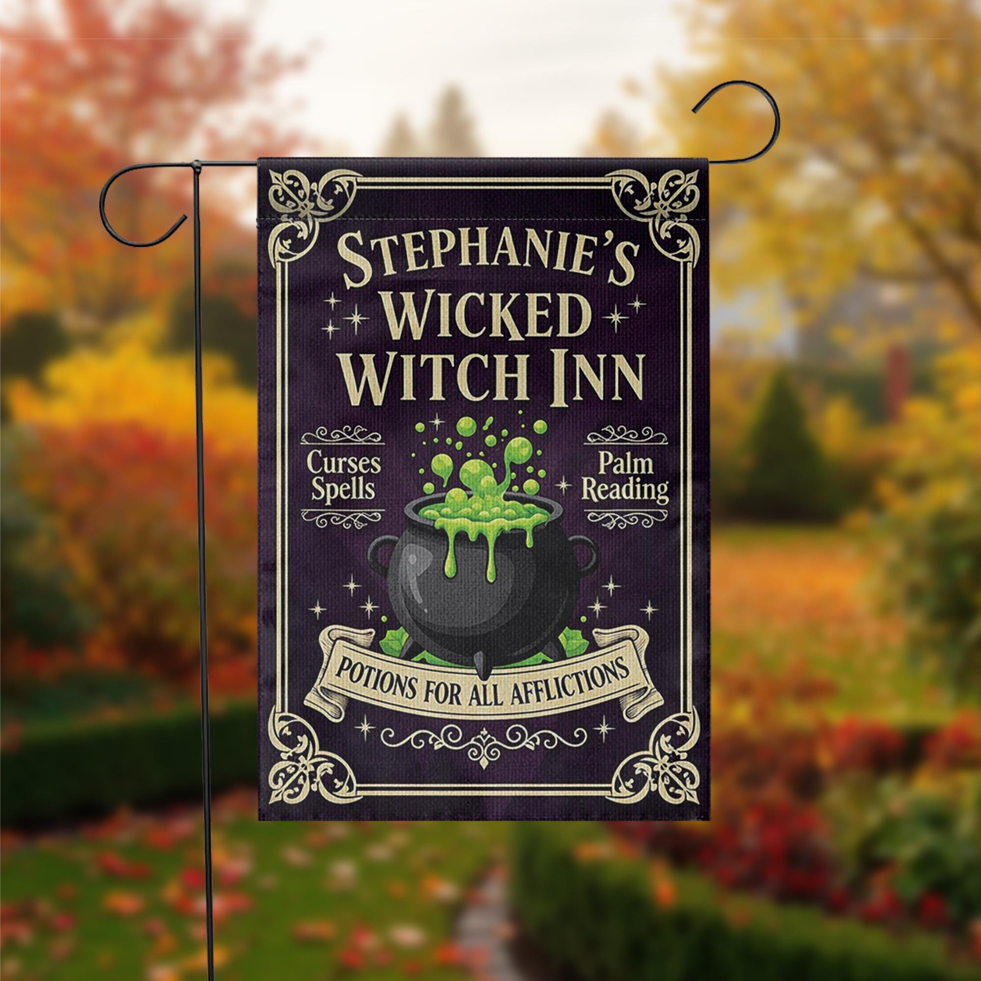 Personalized Wicked Witch Inn Garden Flag Halloween Yard Banner Spooky Outdoor Decor Witch Sign