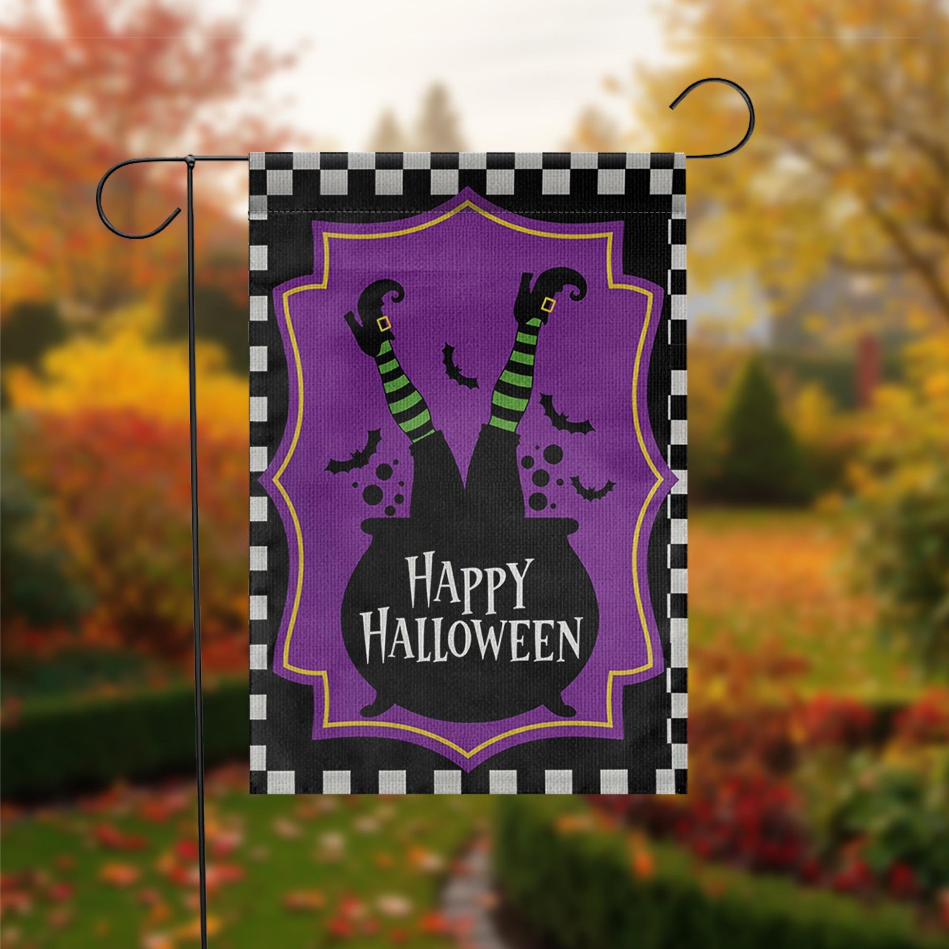 Happy Halloween Garden Flag Witch Legs Cauldron Yard Banner Outdoor Spooky Fall Decor