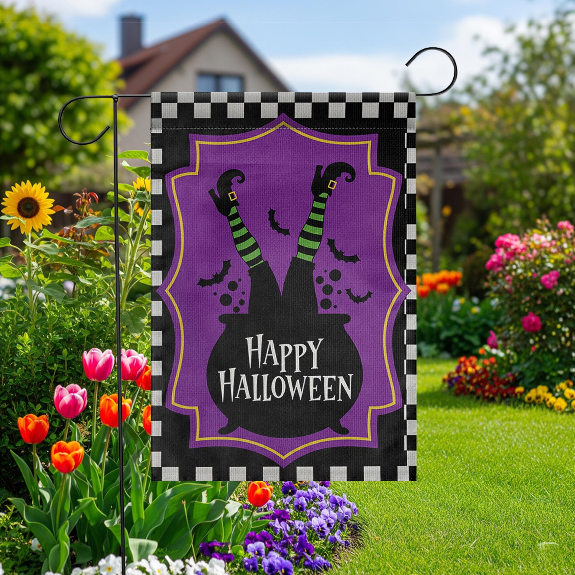 Happy Halloween Garden Flag Witch Legs Cauldron Yard Banner Outdoor Spooky Fall Decor