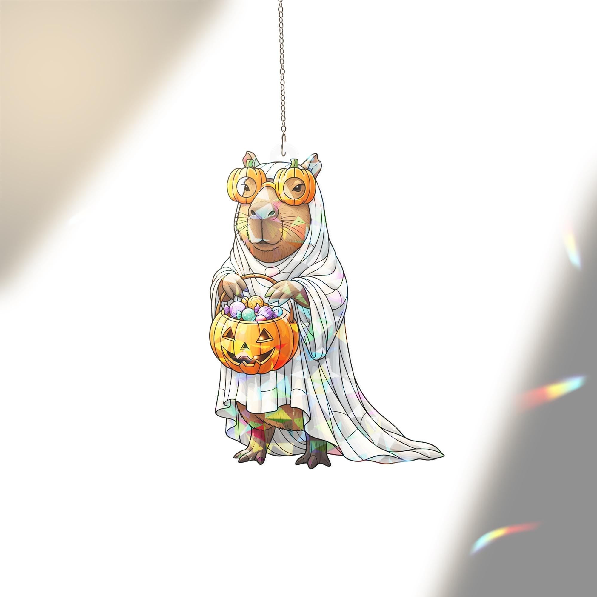 Capybara Halloween Ghost Suncatcher Pumpkin Candy Basket Hanging Window Decor Cute Fall Ornament