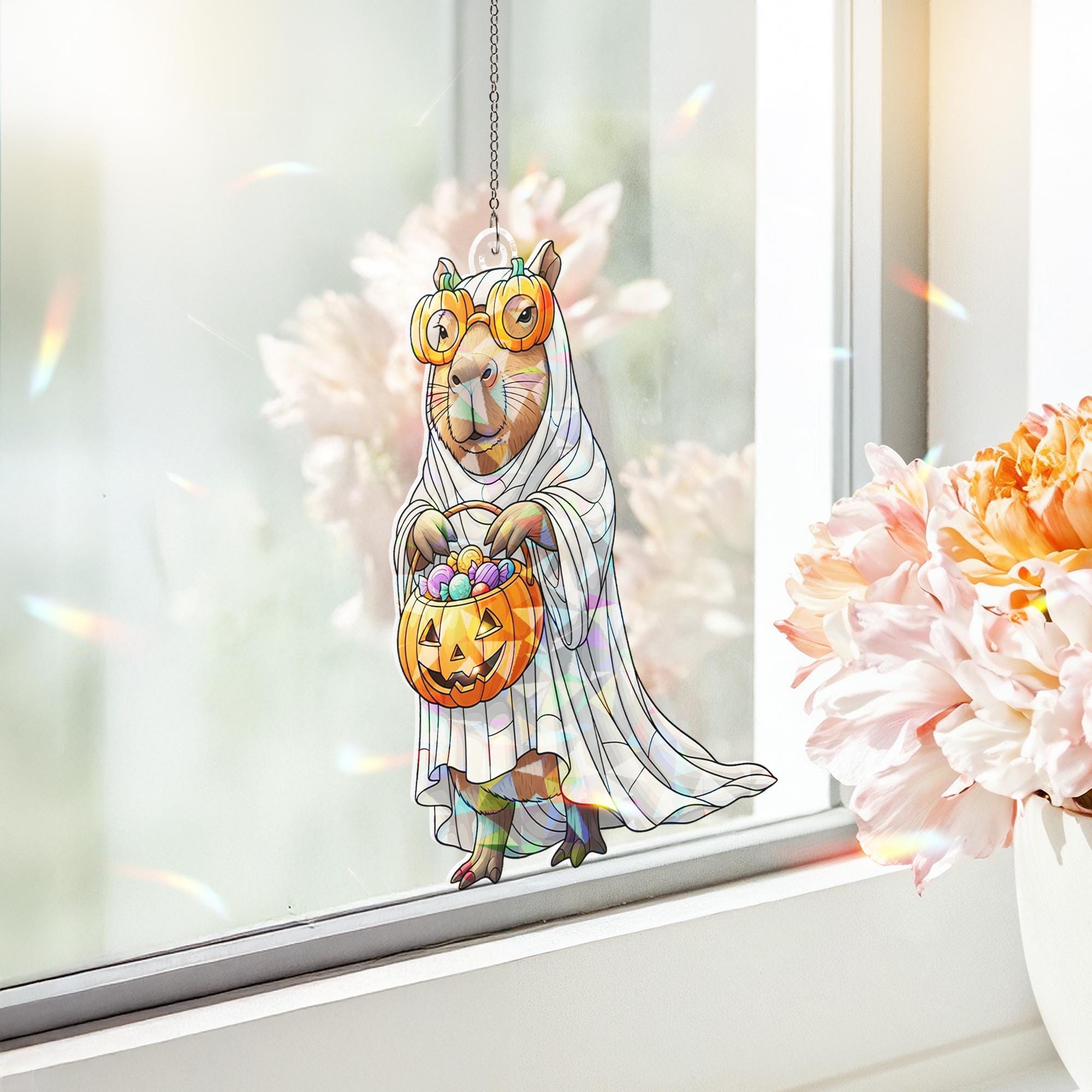 Capybara Halloween Ghost Suncatcher Pumpkin Candy Basket Hanging Window Decor Cute Fall Ornament