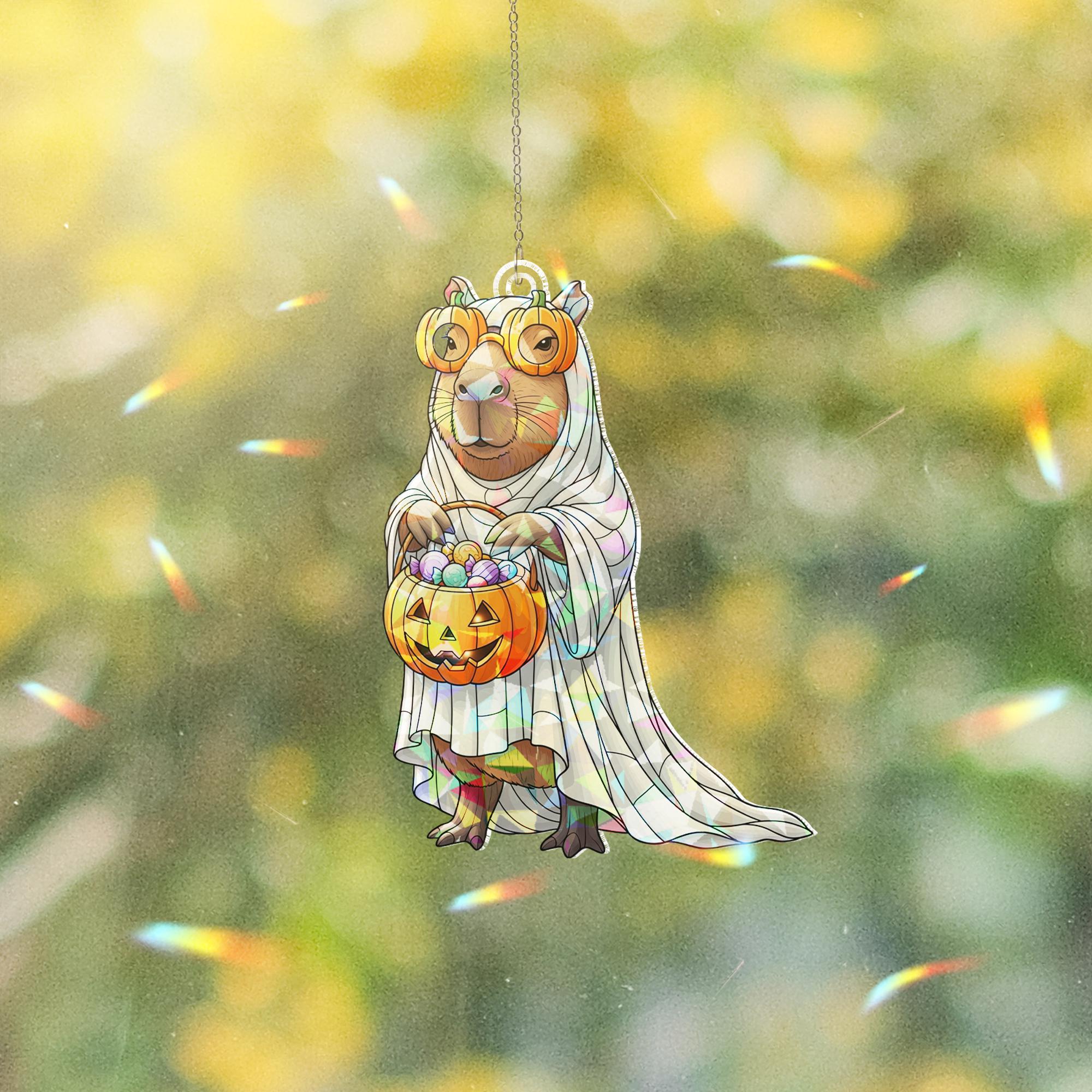 Capybara Halloween Ghost Suncatcher Pumpkin Candy Basket Hanging Window Decor Cute Fall Ornament