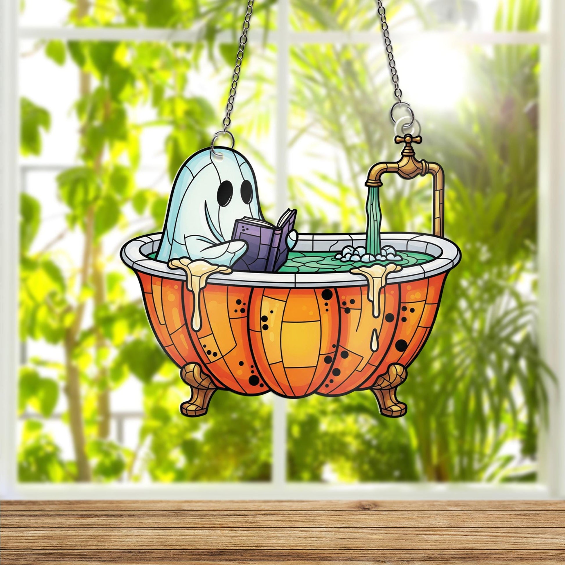 Ghost in Pumpkin Bathtub Faux Glass Window Hanging – Cute Spooky Halloween Decor, Stained Glass Suncatcher for Fall Home Decor