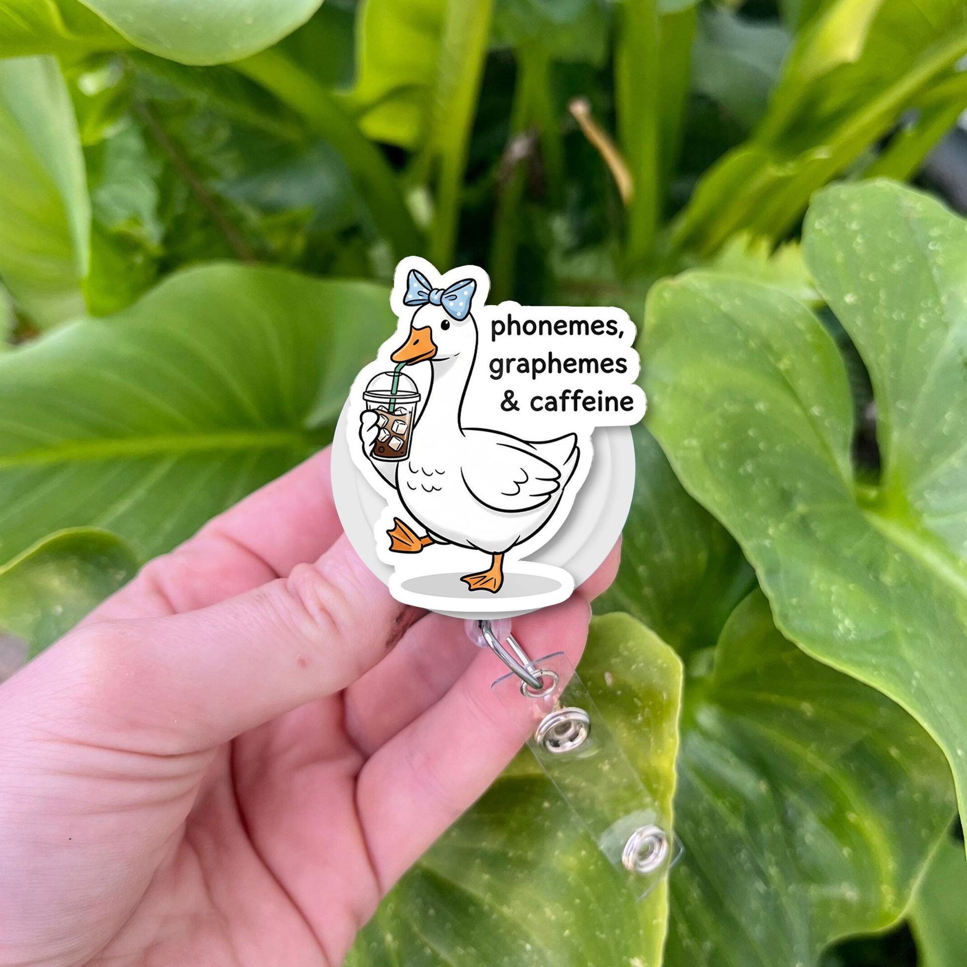 Funny Goose Badge Reel – Phonemes Graphemes & Caffeine, Literacy Teacher Gift, Coffee Lover ID Holder, Cute Name Badge Clip