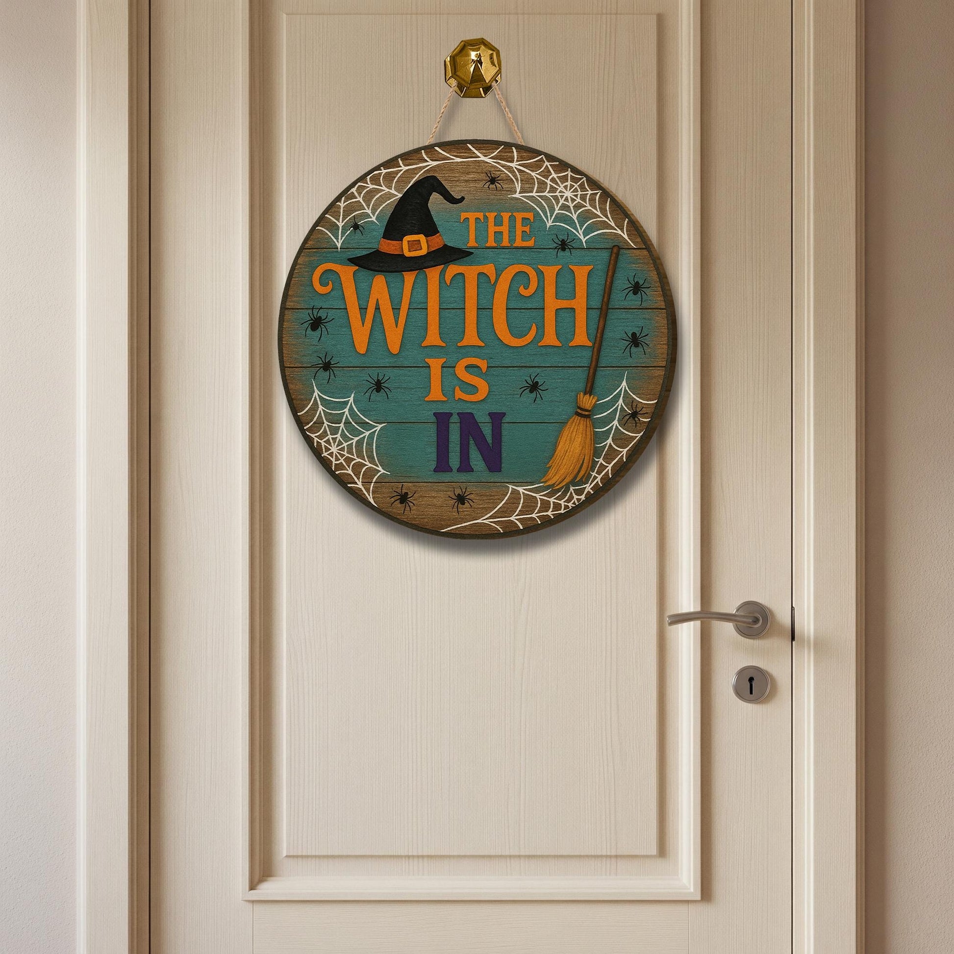 The Witch Is In Door Sign, Halloween Wooden Hanger, Spooky Witch Decor, Round Door Plaque, Fall Front Porch Sign, Haunted House Decor